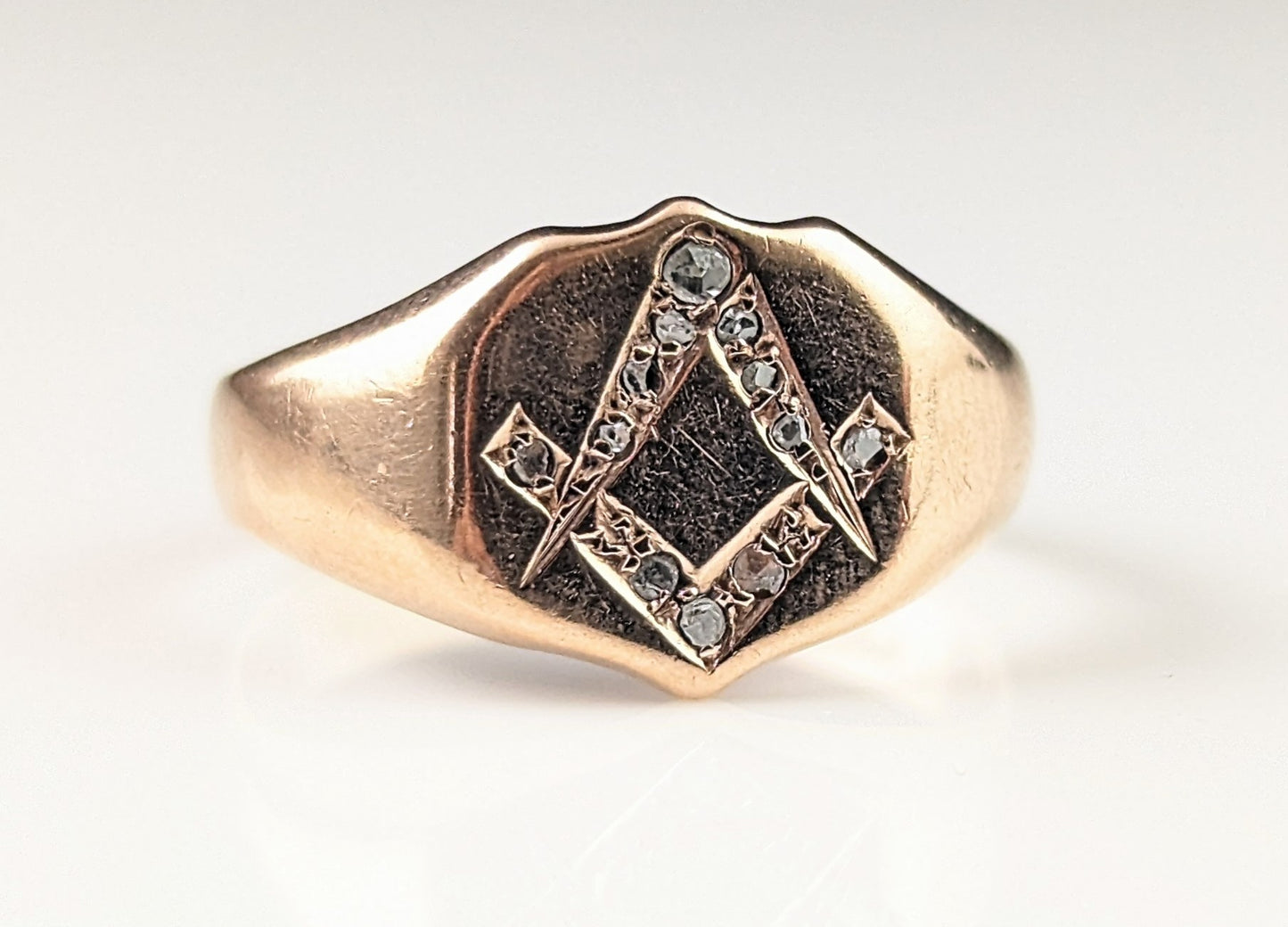 Antique Diamond signet ring, 9ct rose gold, Masonic, Pinky ring