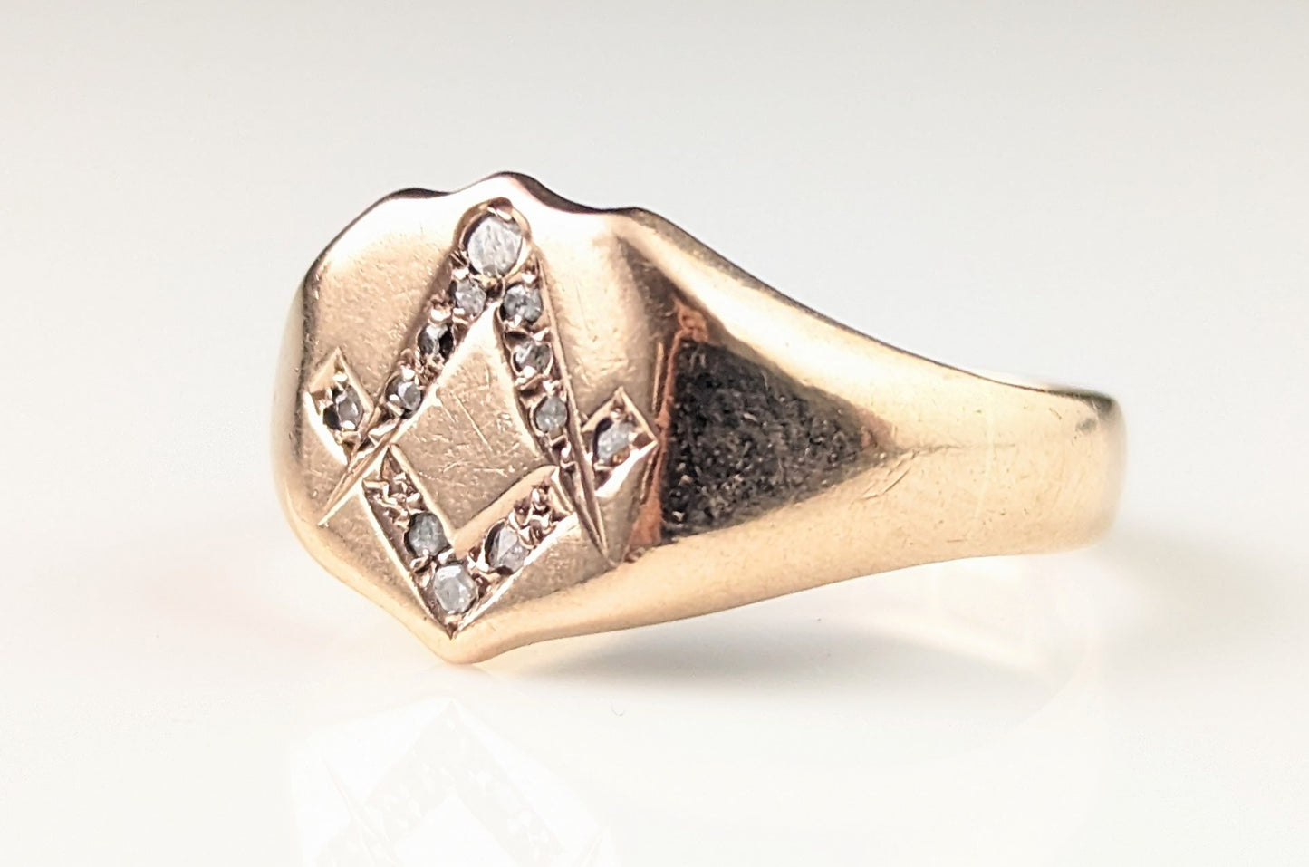 Antique Diamond signet ring, 9ct rose gold, Masonic, Pinky ring