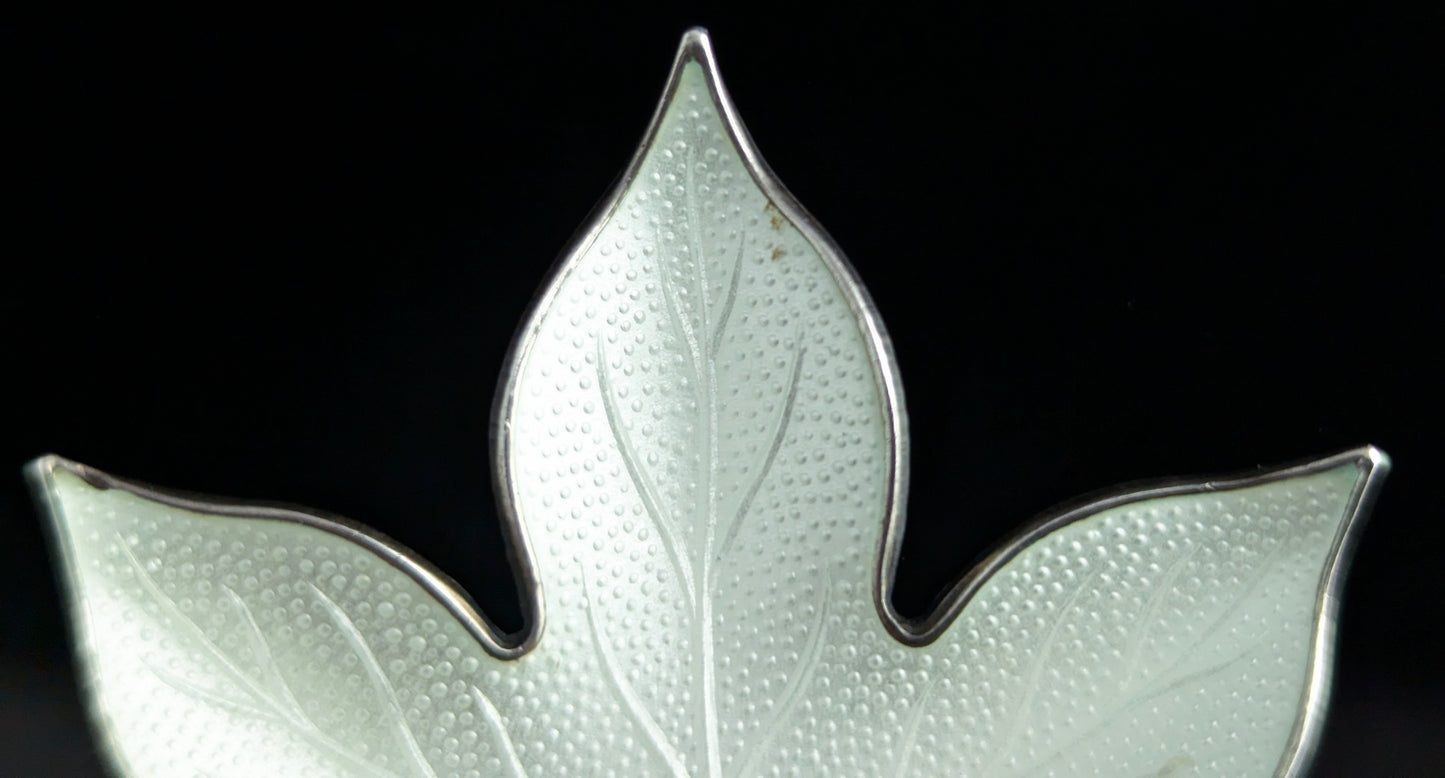 Vintage Norwegian silver enamel leaf brooch, White enamel