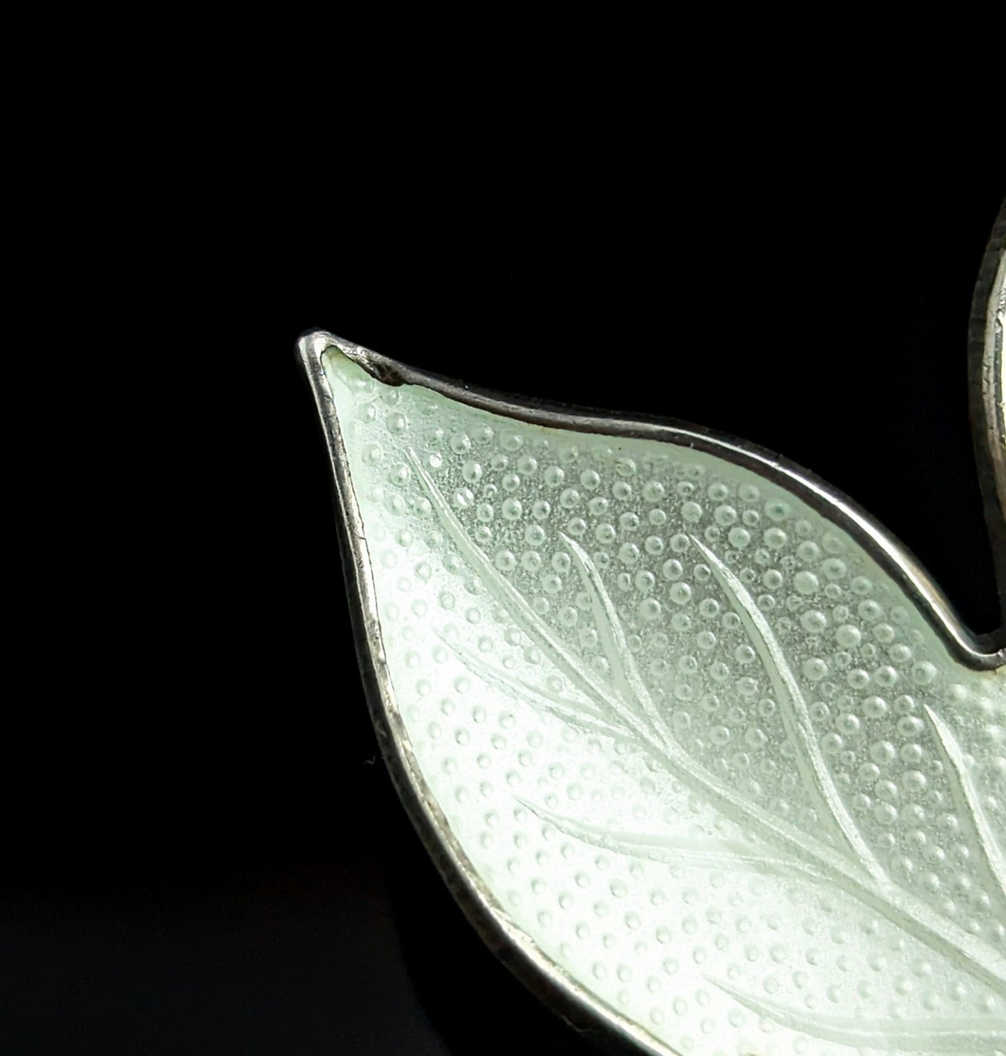 Vintage Norwegian silver enamel leaf brooch, White enamel