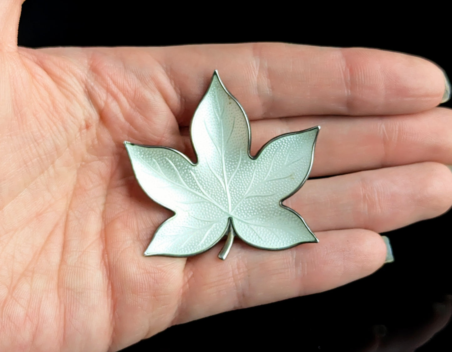 Vintage Norwegian silver enamel leaf brooch, White enamel