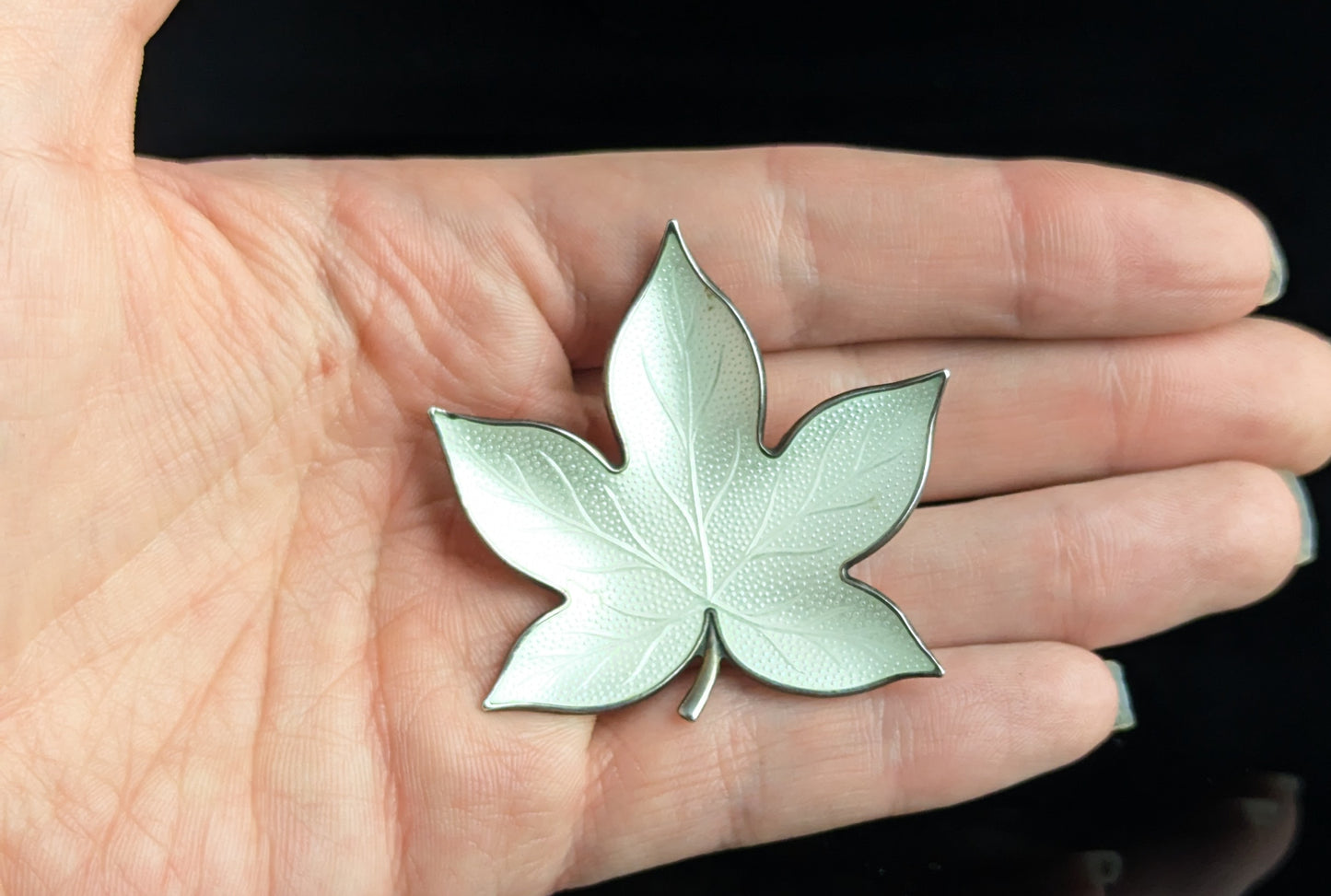 Vintage Norwegian silver enamel leaf brooch, White enamel