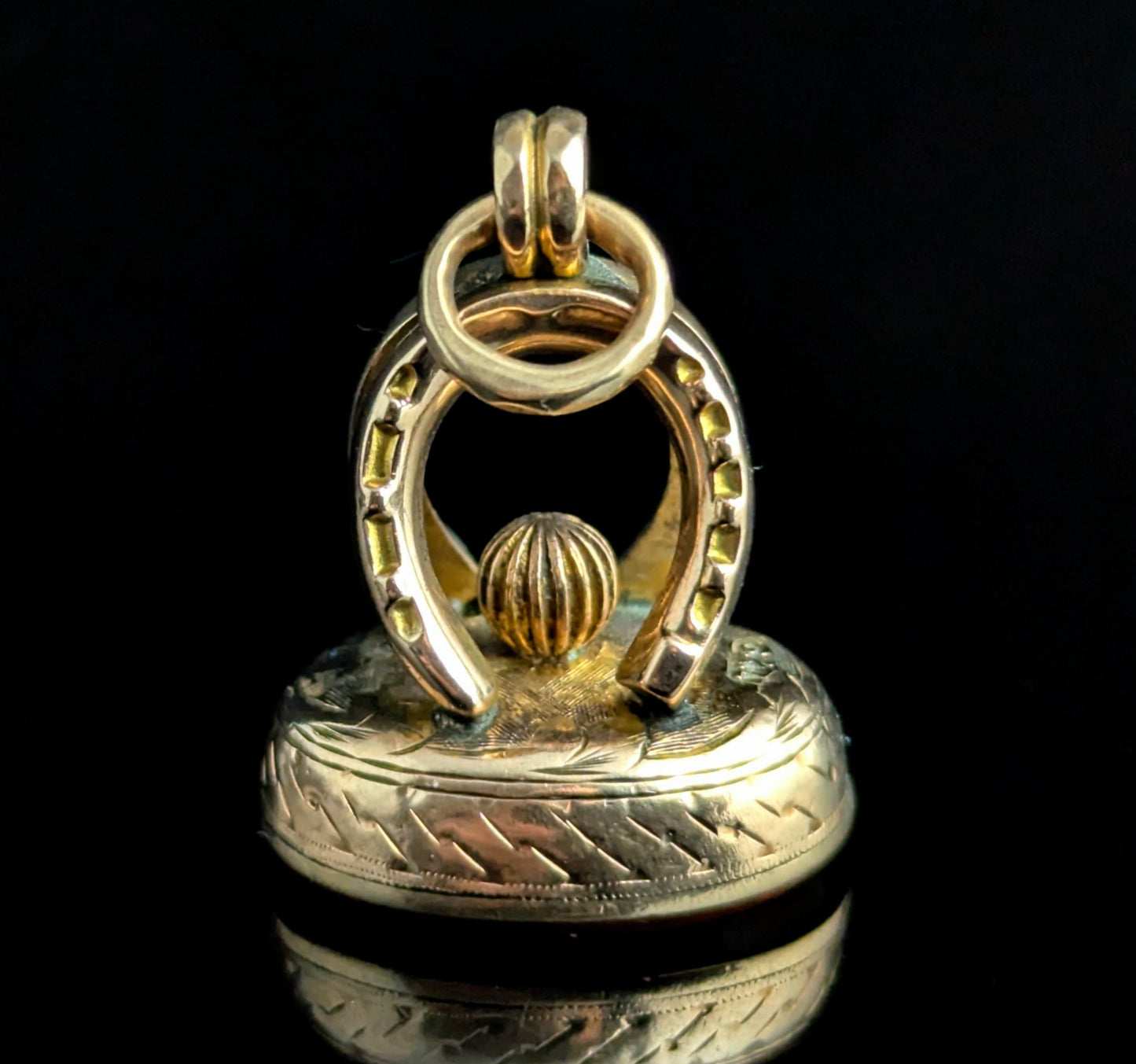 Antique Lucky horseshoe seal fob pendant, 9ct gold, Carnelian