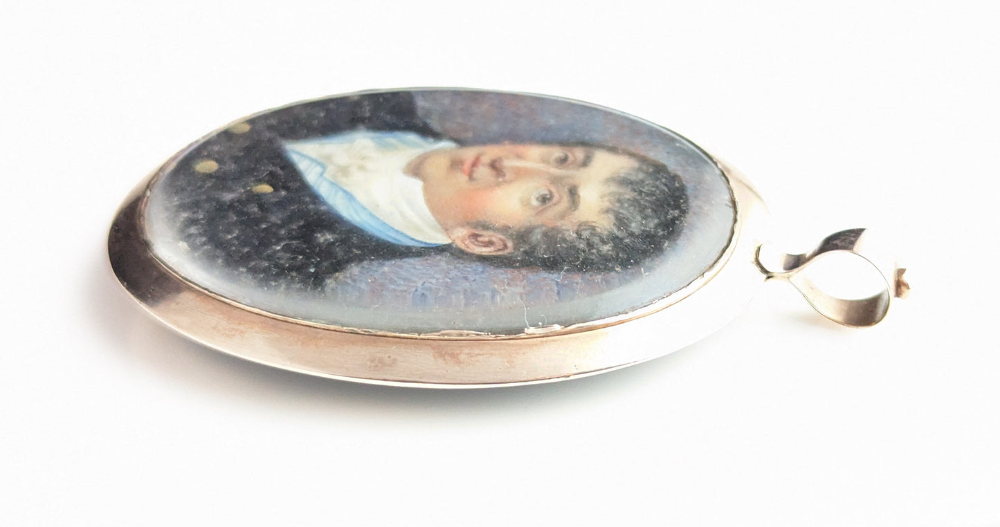 Antique Georgian portrait pendant, Mourning locket, 9ct gold