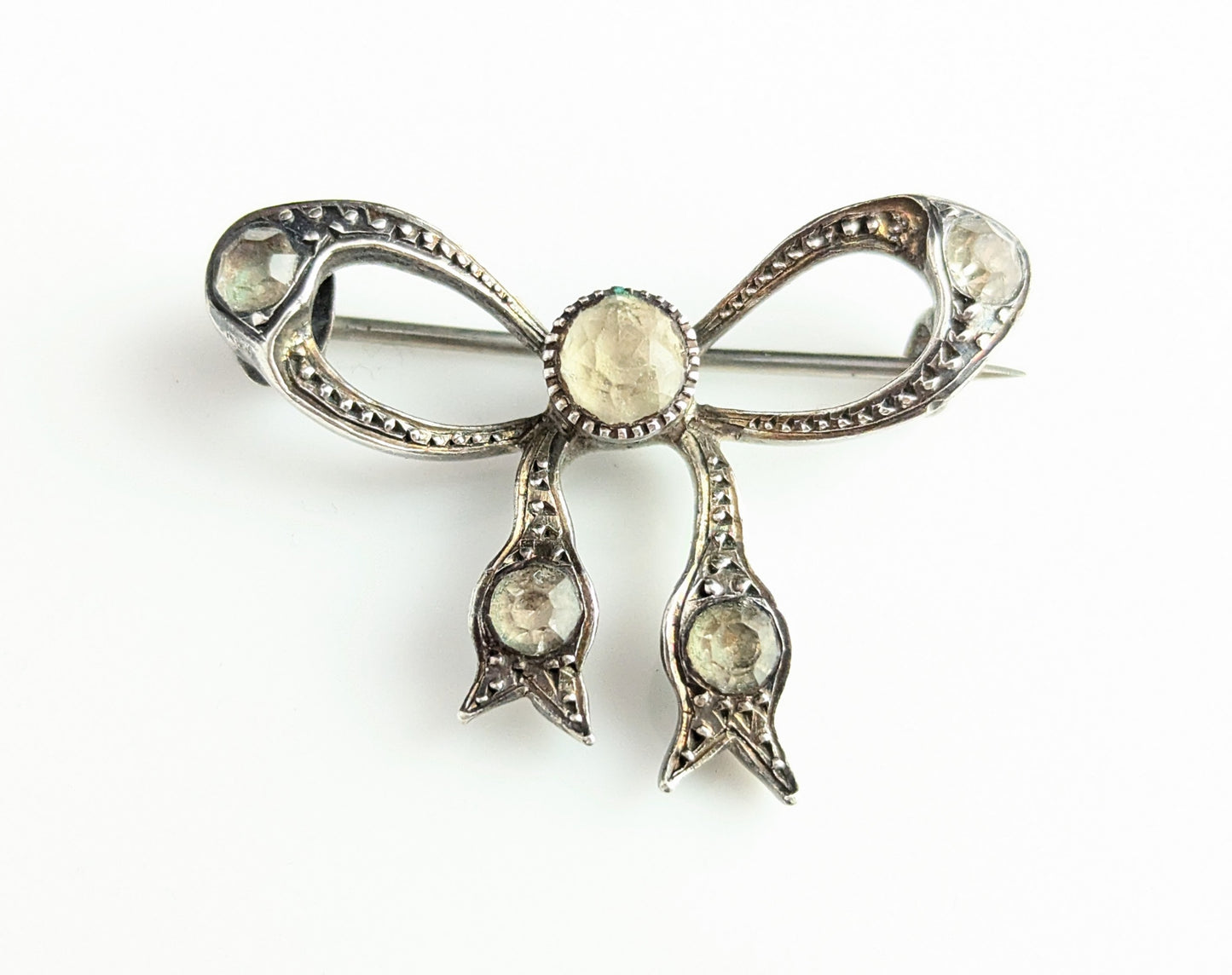 Antique sterling silver and paste bow brooch, Art Deco