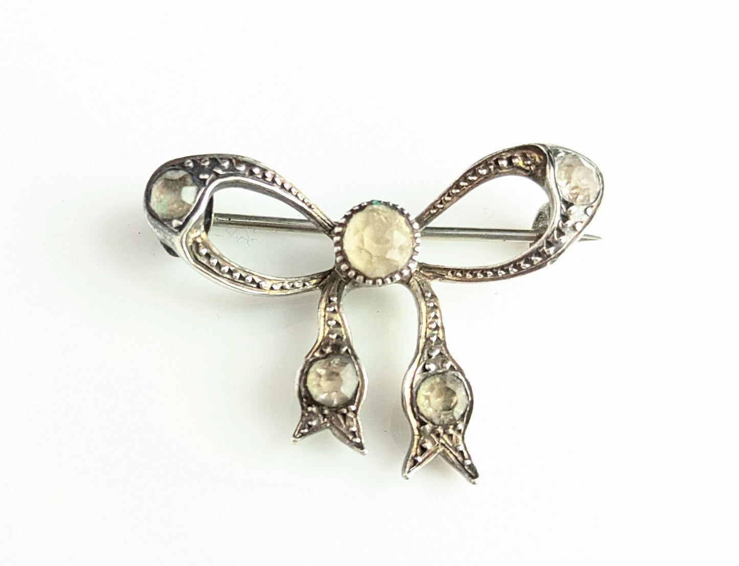 Antique sterling silver and paste bow brooch, Art Deco