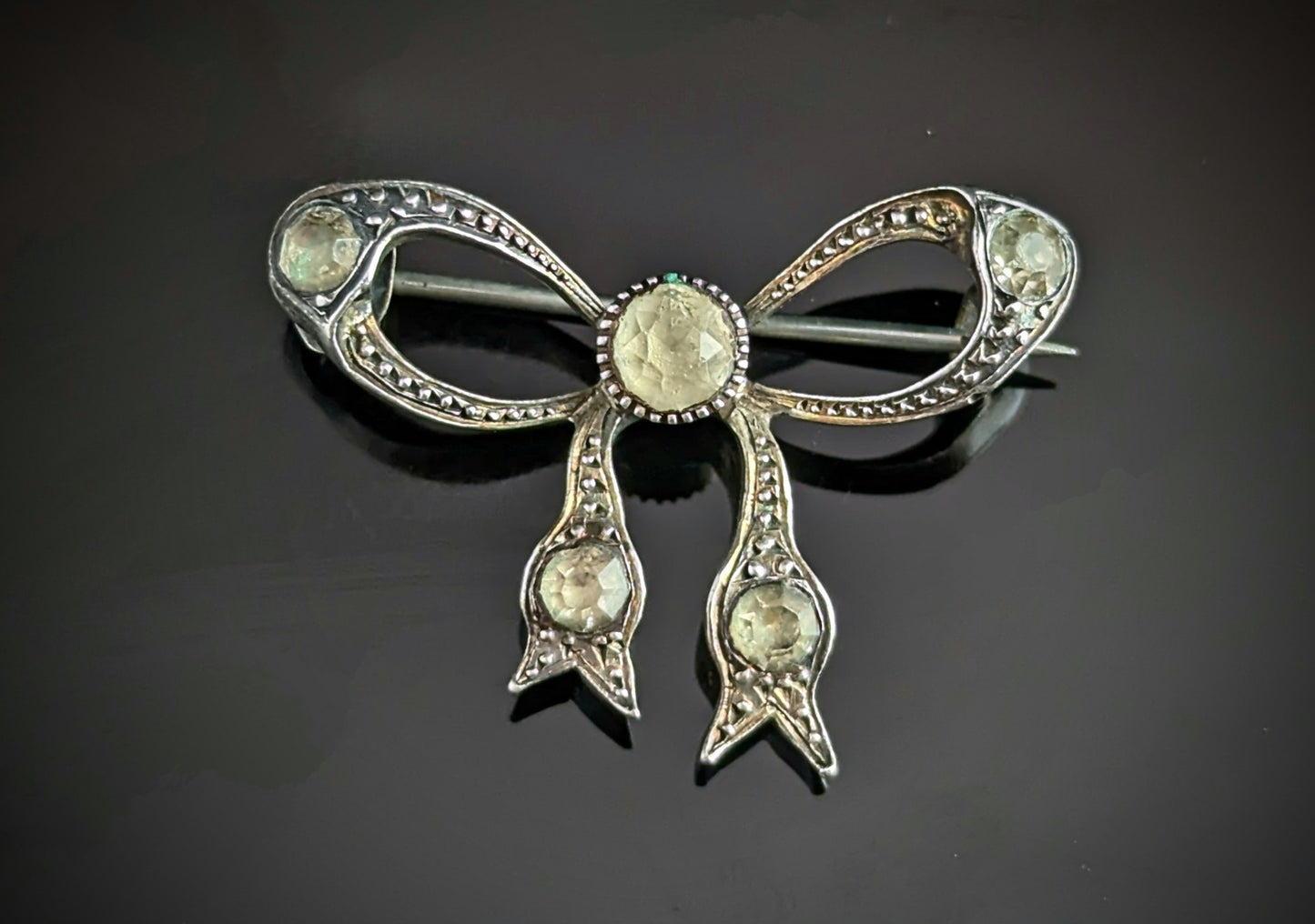 Antique sterling silver and paste bow brooch, Art Deco