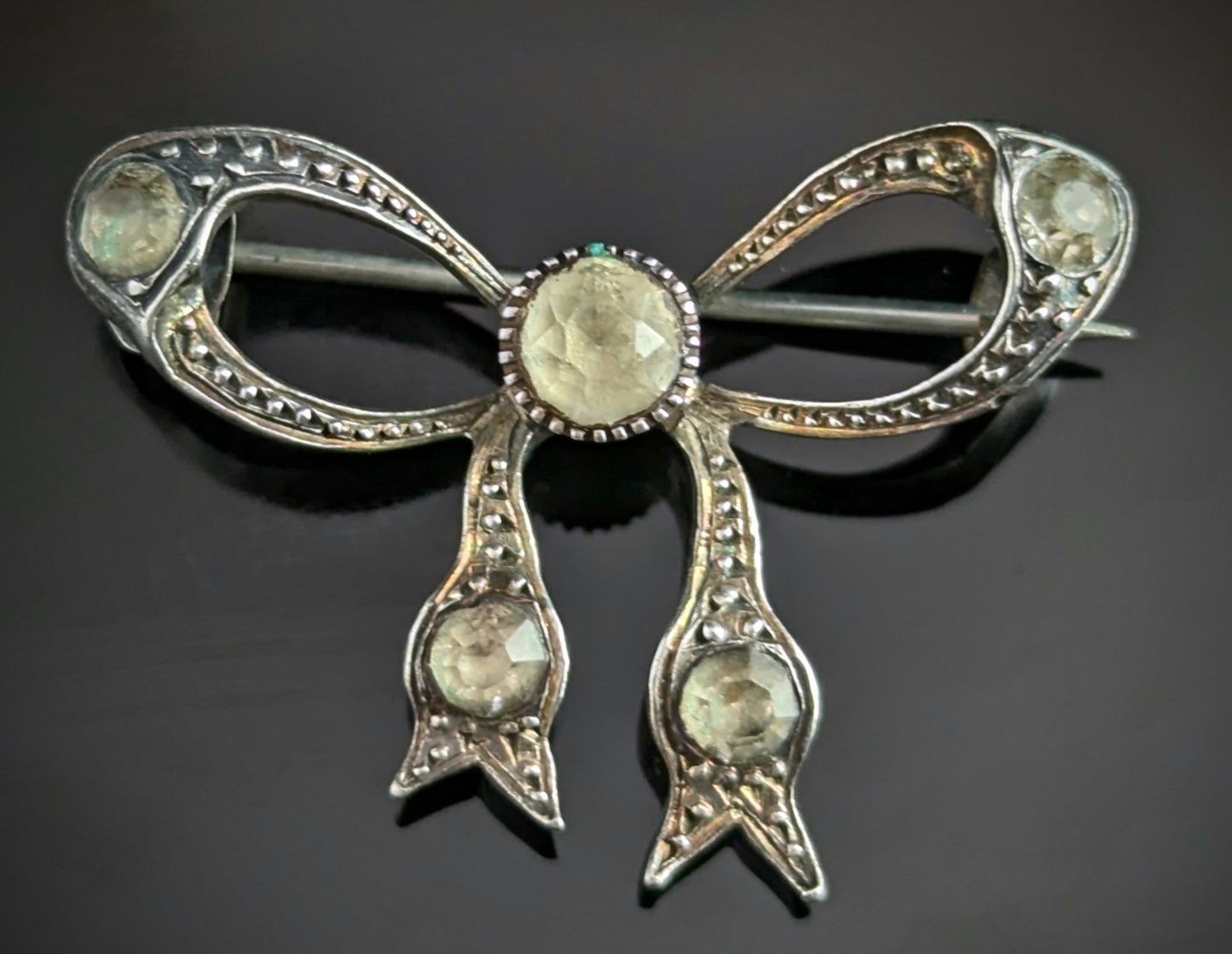 Antique sterling silver and paste bow brooch, Art Deco