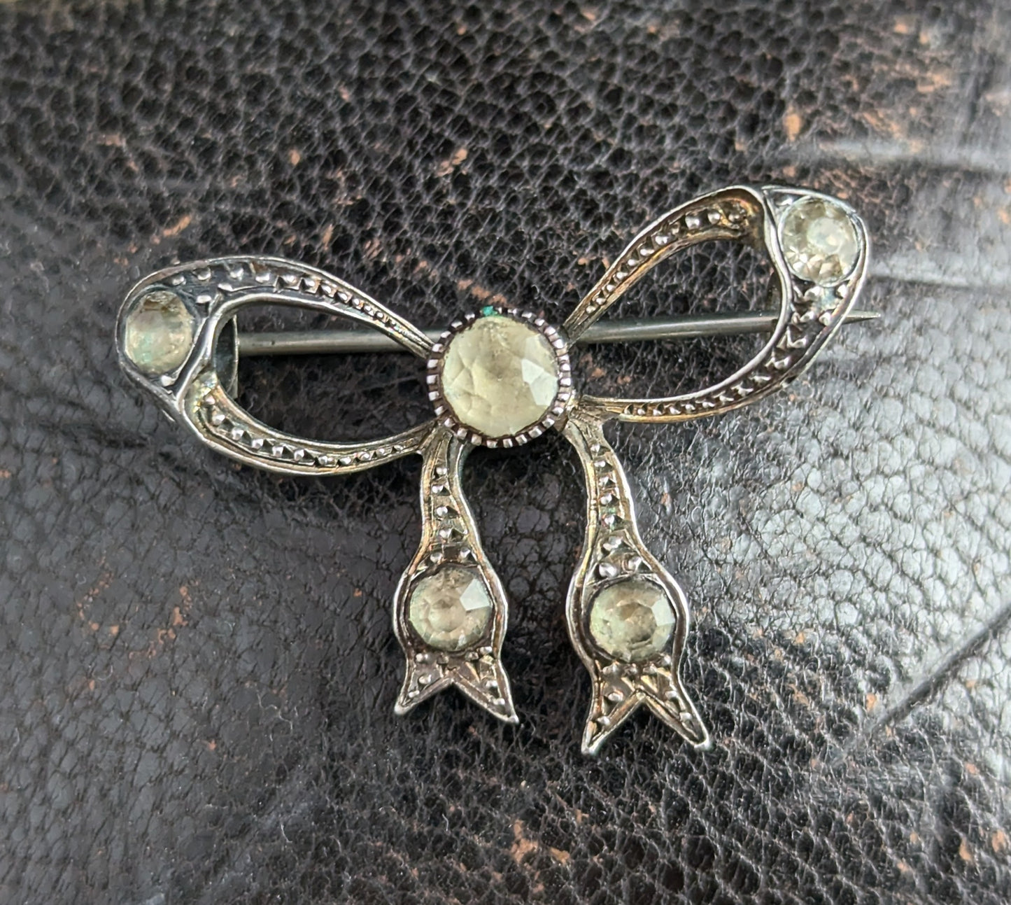 Antique sterling silver and paste bow brooch, Art Deco