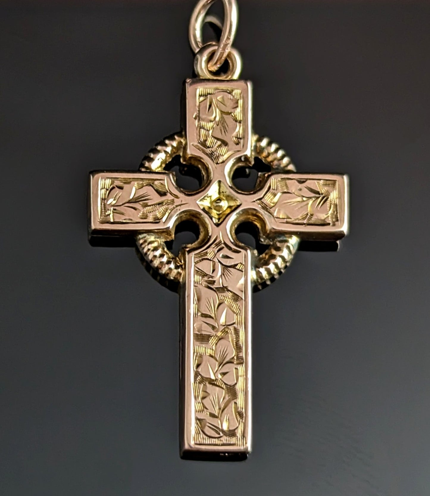 Antique 9ct Rose gold cross pendant, Edwardian, engraved