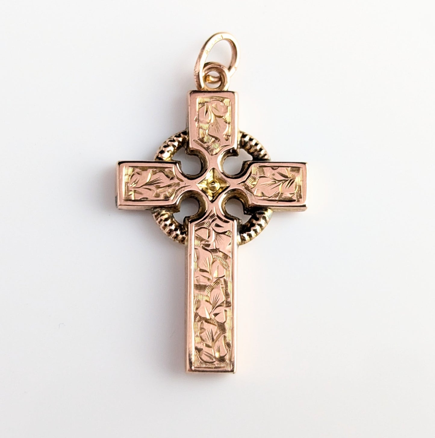 Antique 9ct Rose gold cross pendant, Edwardian, engraved