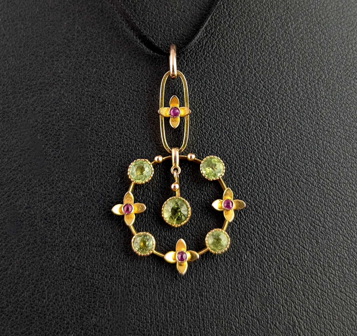 Antique Peridot and Ruby drop pendant, 9ct gold, Edwardian, floral