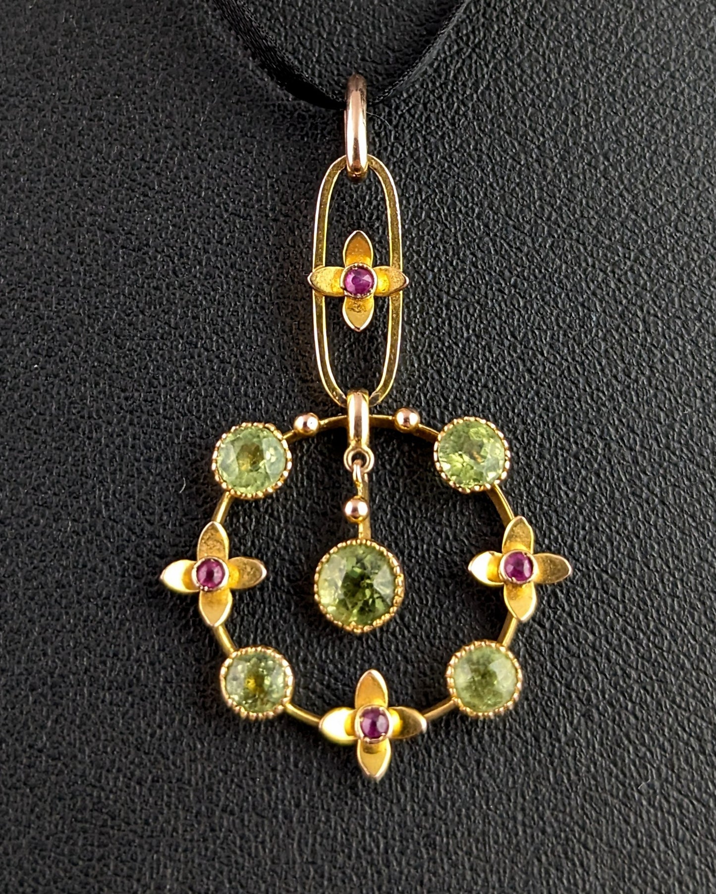 Antique Peridot and Ruby drop pendant, 9ct gold, Edwardian, floral