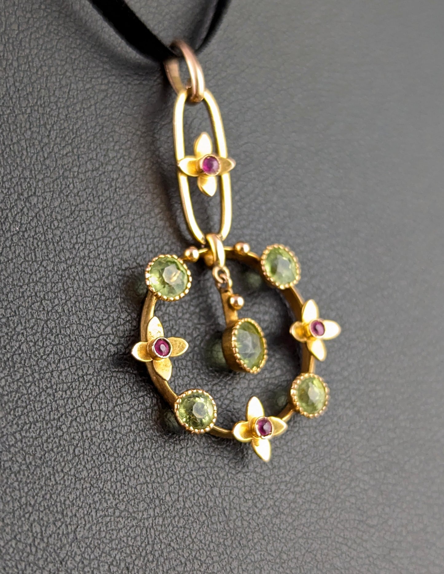 Antique Peridot and Ruby drop pendant, 9ct gold, Edwardian, floral