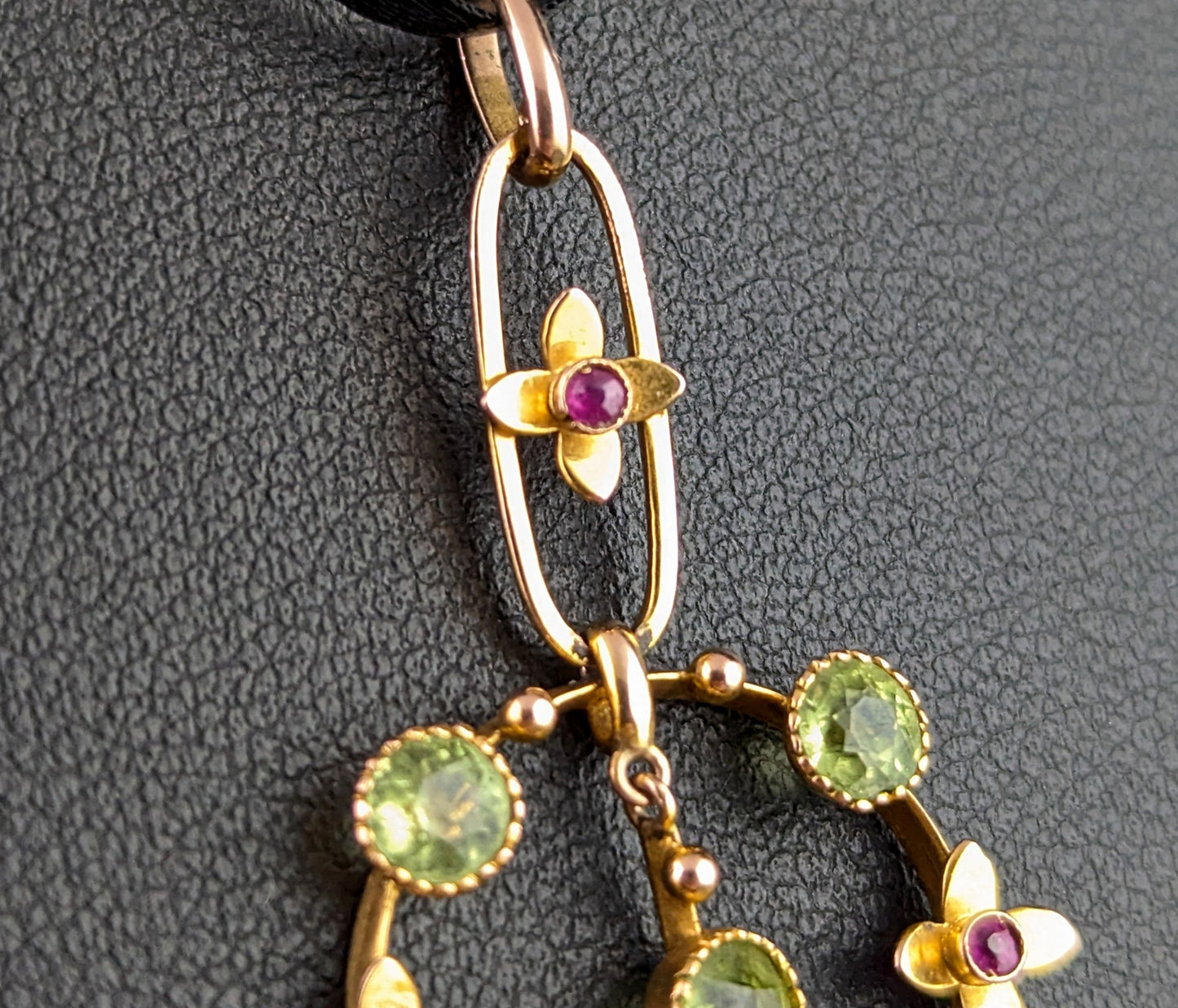 Antique Peridot and Ruby drop pendant, 9ct gold, Edwardian, floral