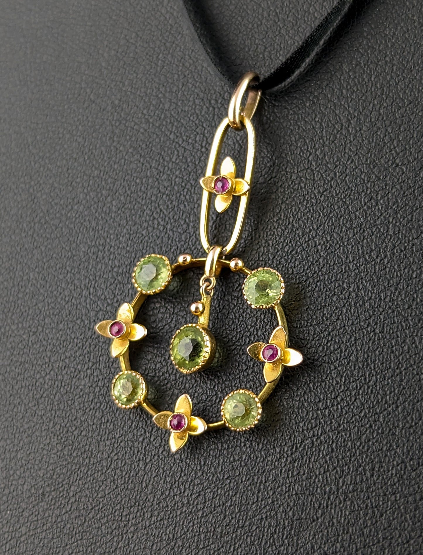 Antique Peridot and Ruby drop pendant, 9ct gold, Edwardian, floral