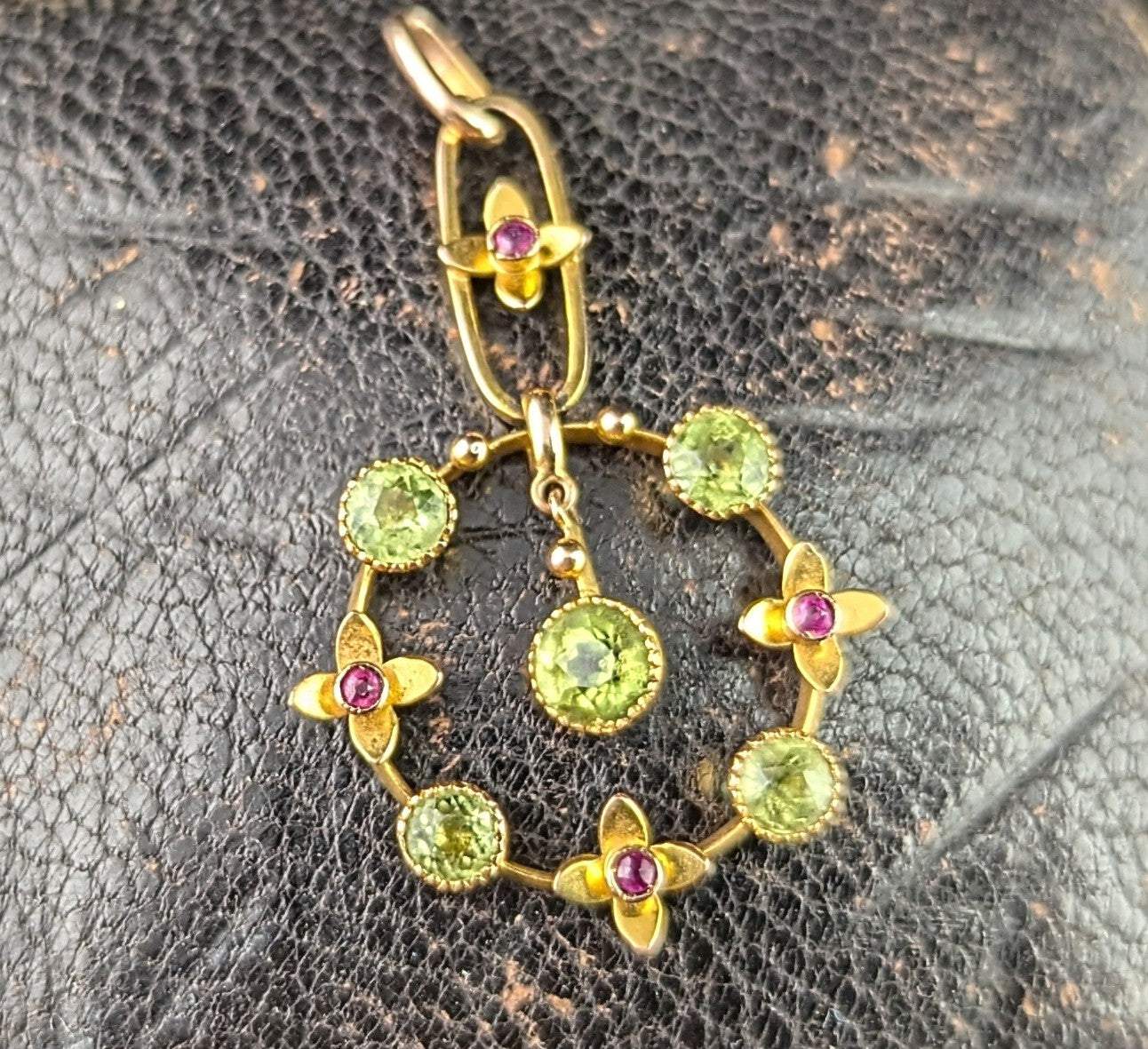 Antique Peridot and Ruby drop pendant, 9ct gold, Edwardian, floral