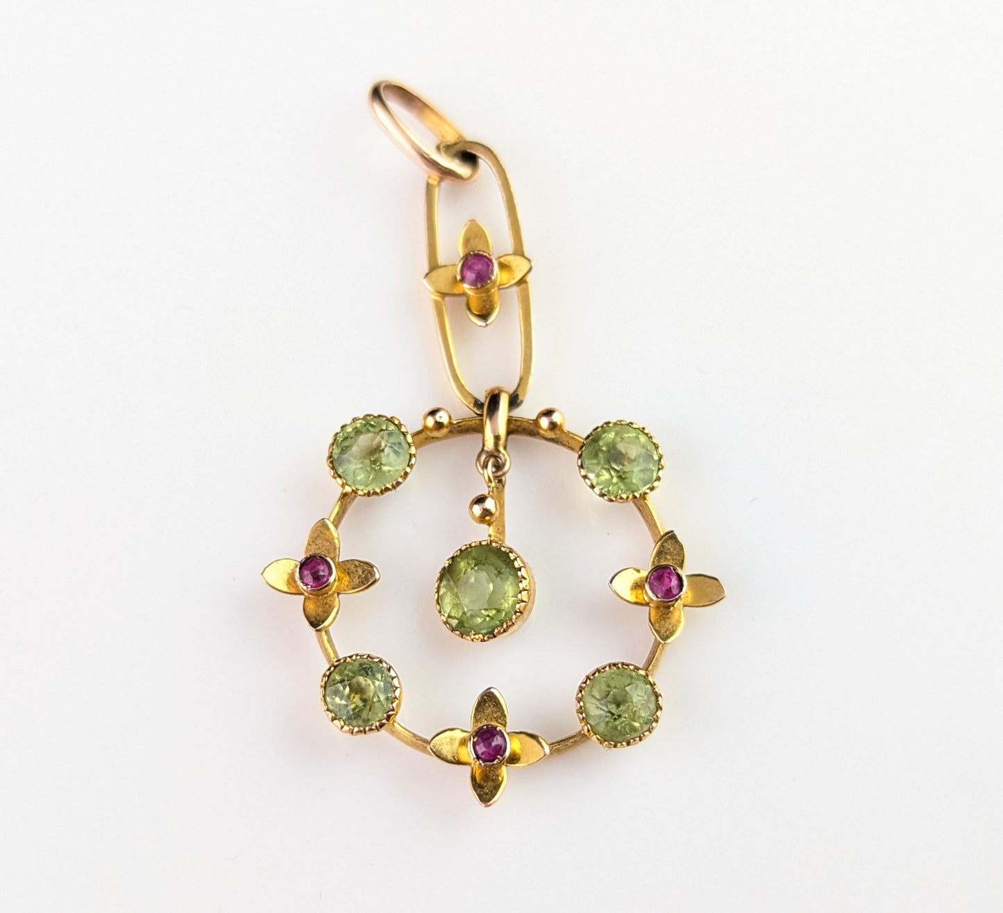 Antique Peridot and Ruby drop pendant, 9ct gold, Edwardian, floral