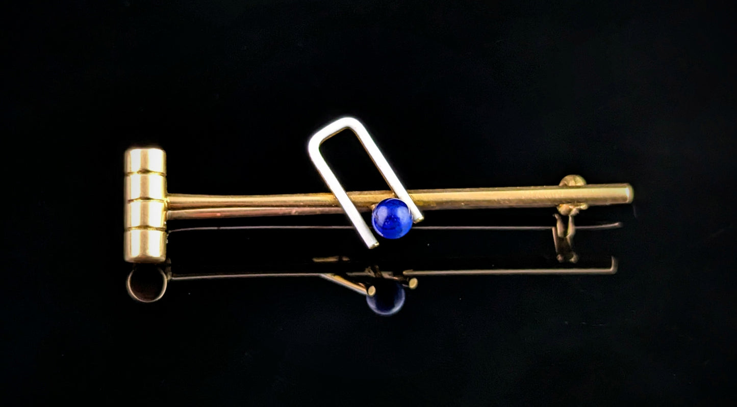 Antique Lapis Lazuli and enamel croquet brooch, tie pin, 15ct gold