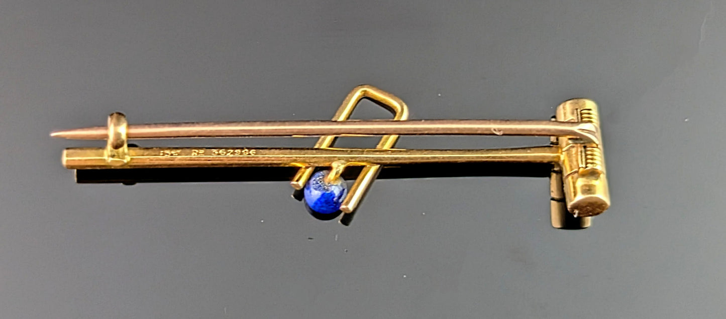 Antique Lapis Lazuli and enamel croquet brooch, tie pin, 15ct gold