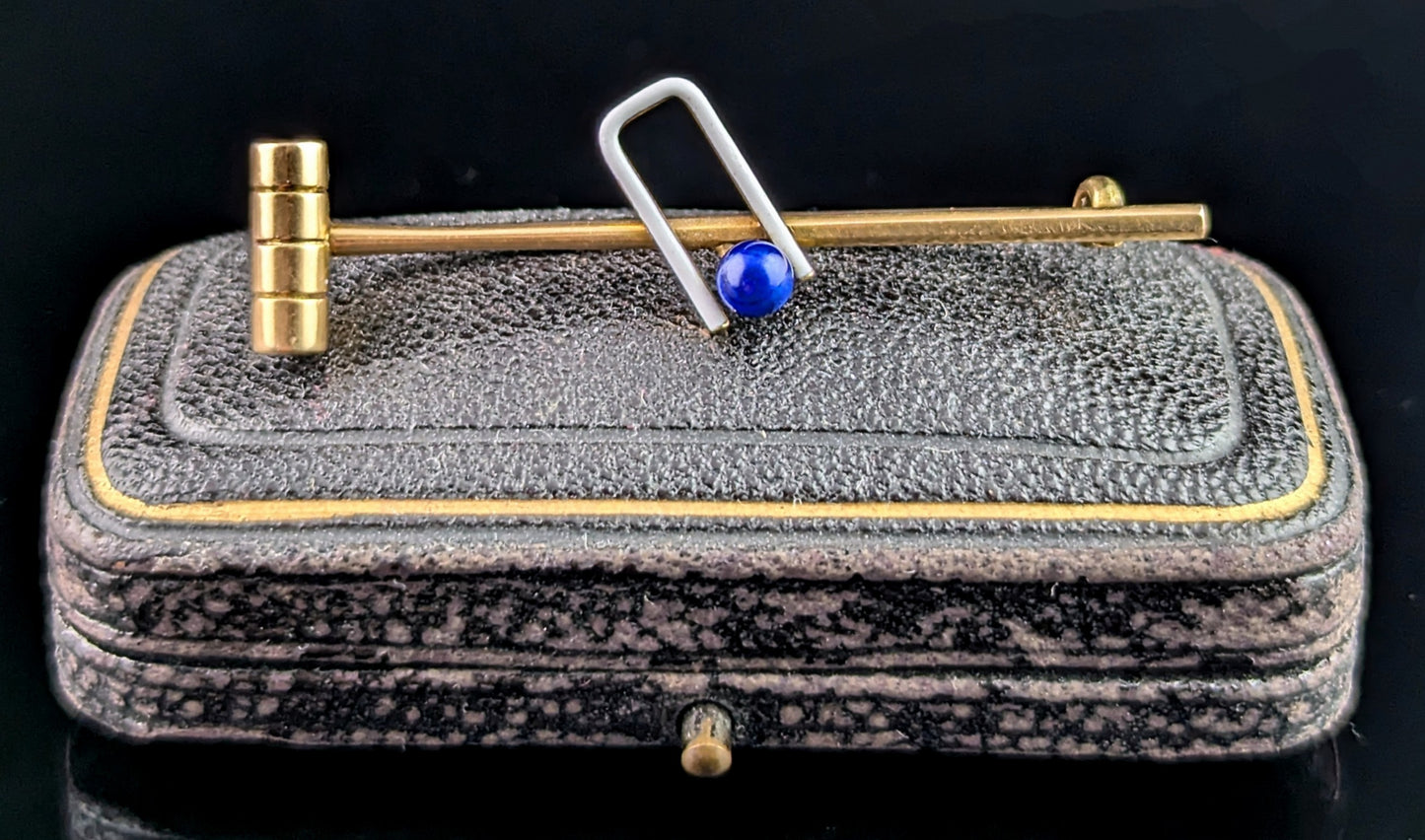 Antique Lapis Lazuli and enamel croquet brooch, tie pin, 15ct gold