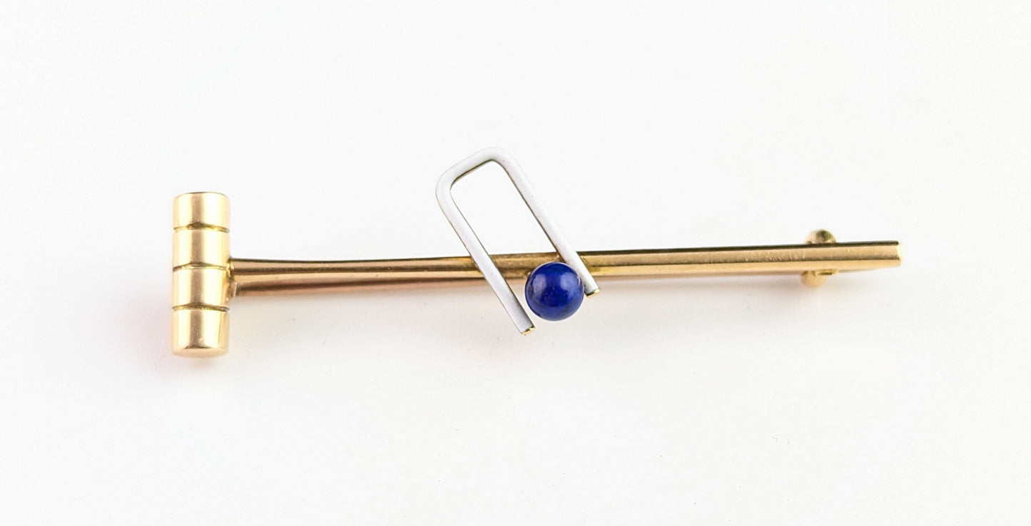 Antique Lapis Lazuli and enamel croquet brooch, tie pin, 15ct gold