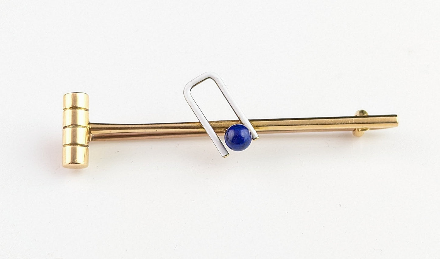 Antique Lapis Lazuli and enamel croquet brooch, tie pin, 15ct gold