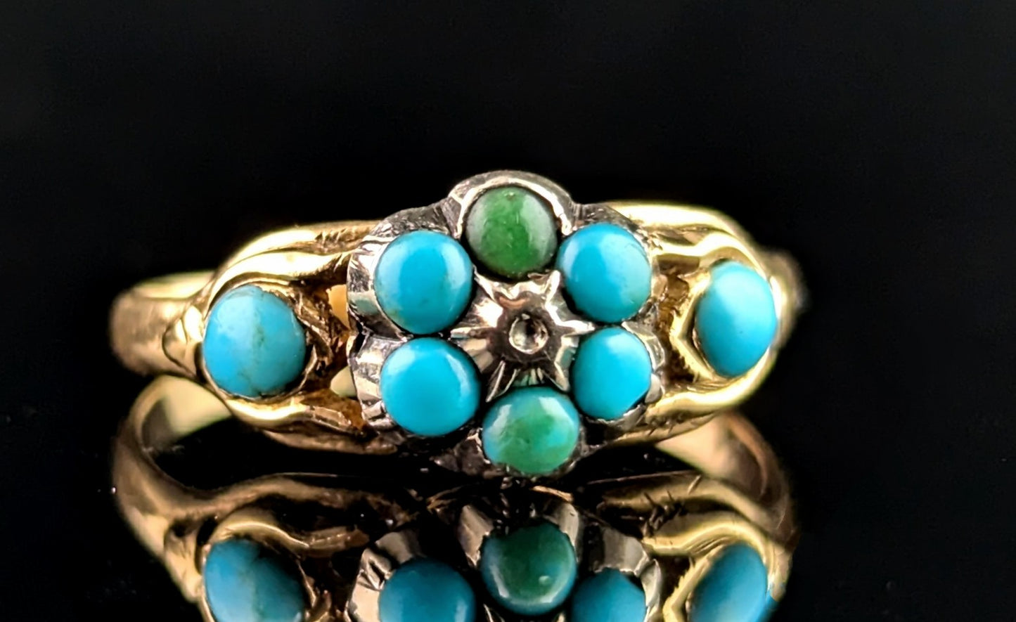 Antique Victorian Turquoise cluster ring, 18ct gold, flower