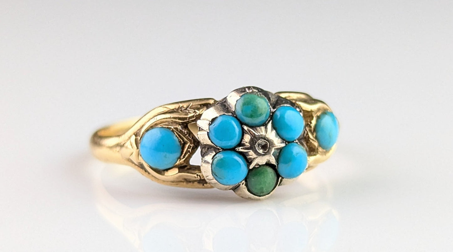 Antique Victorian Turquoise cluster ring, 18ct gold, flower