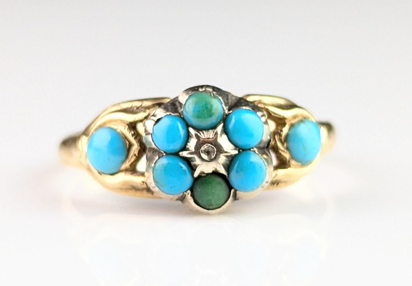 Antique Victorian Turquoise cluster ring, 18ct gold, flower