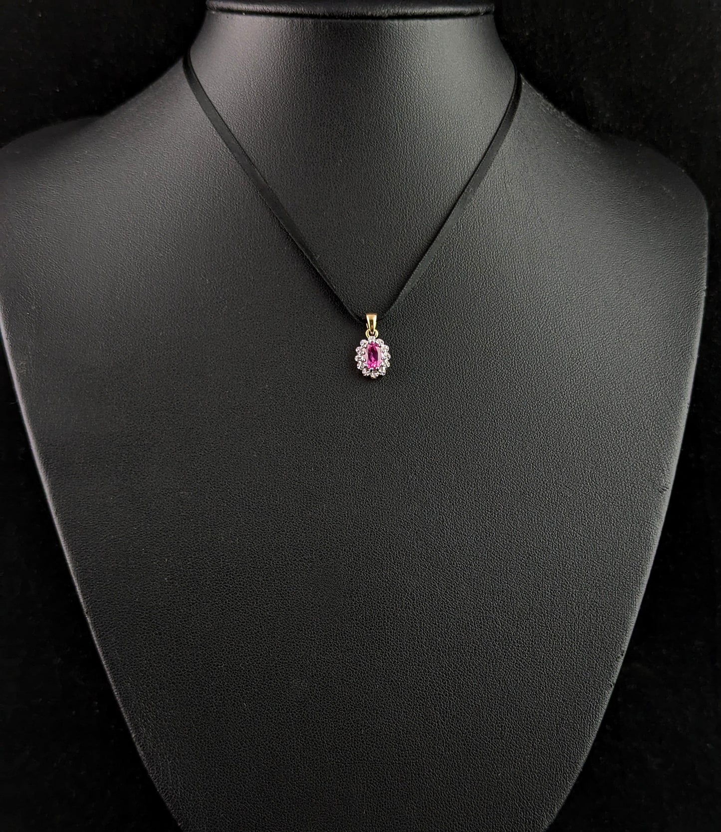 Vintage Synthetic Pink Sapphire and Diamond cluster pendant, 9ct gold