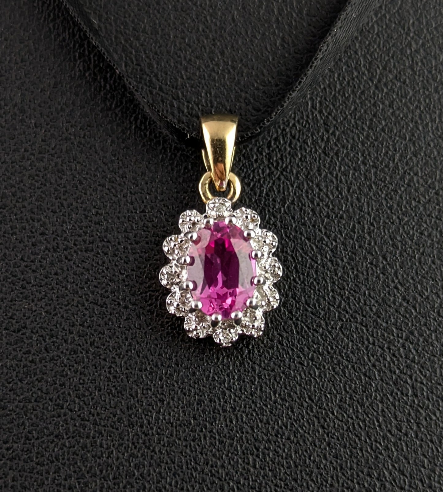 Vintage Synthetic Pink Sapphire and Diamond cluster pendant, 9ct gold