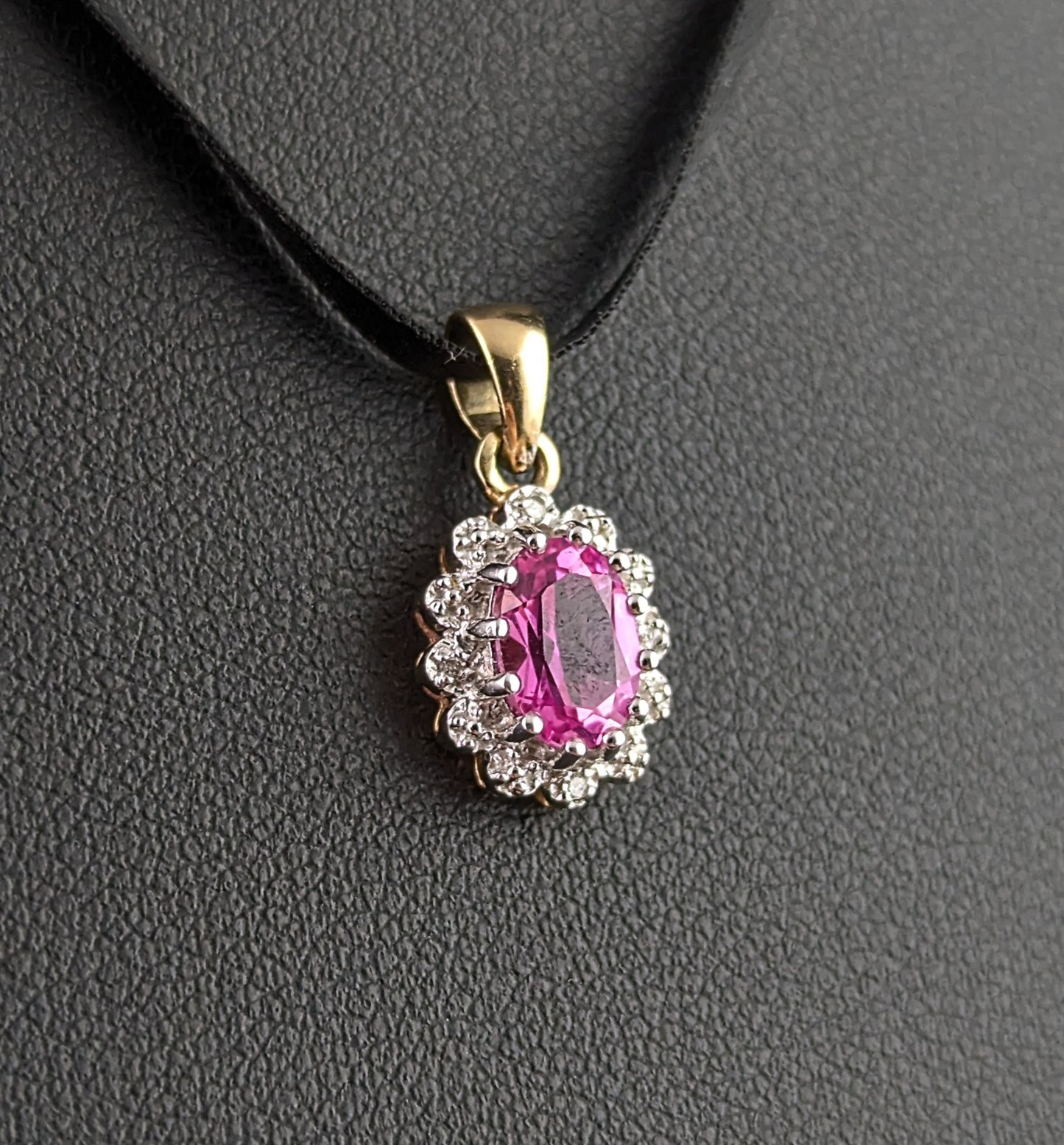 Vintage Synthetic Pink Sapphire and Diamond cluster pendant, 9ct gold