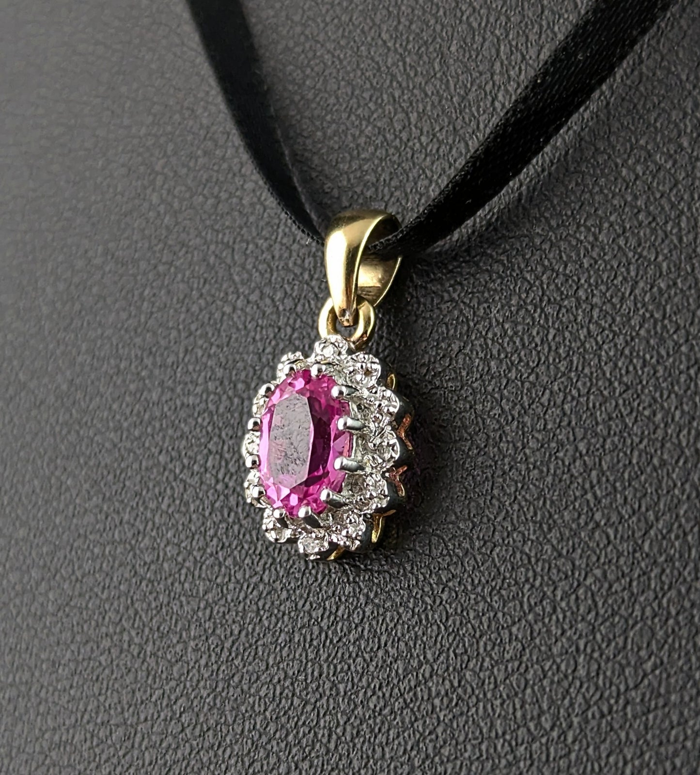 Vintage Synthetic Pink Sapphire and Diamond cluster pendant, 9ct gold