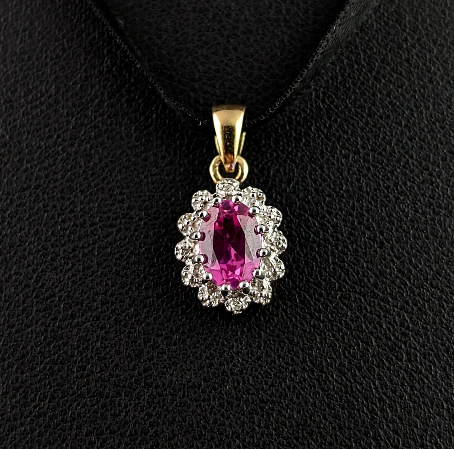 Vintage Synthetic Pink Sapphire and Diamond cluster pendant, 9ct gold