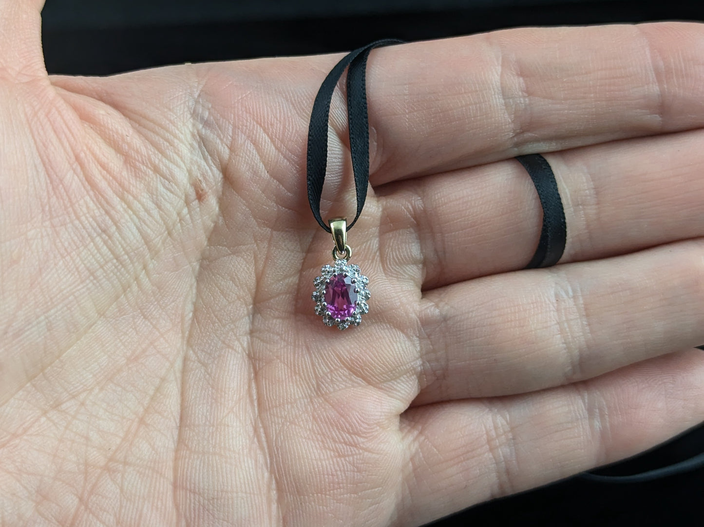 Vintage Synthetic Pink Sapphire and Diamond cluster pendant, 9ct gold