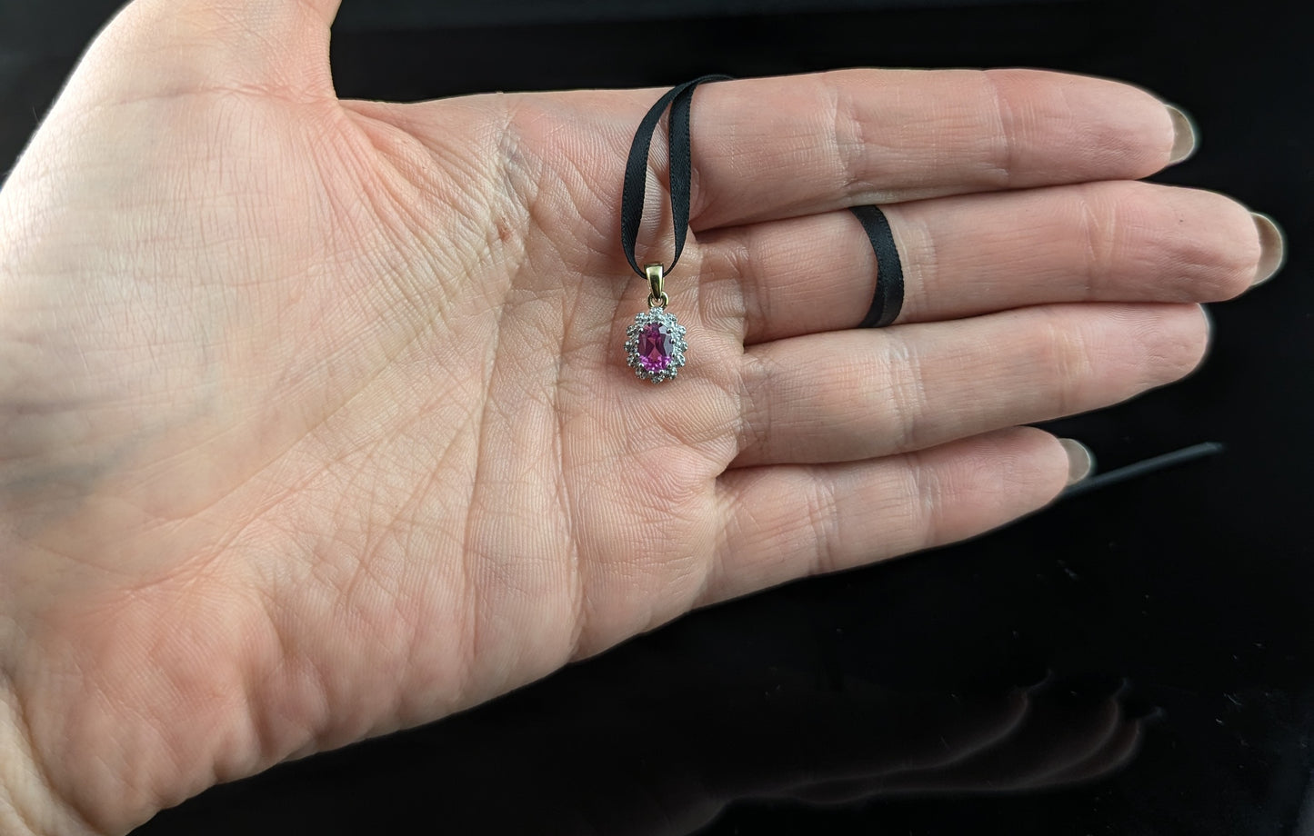 Vintage Synthetic Pink Sapphire and Diamond cluster pendant, 9ct gold