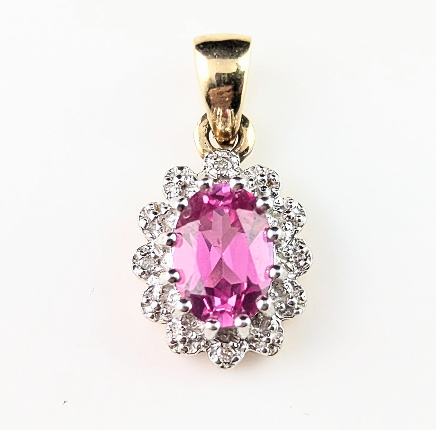 Vintage Synthetic Pink Sapphire and Diamond cluster pendant, 9ct gold