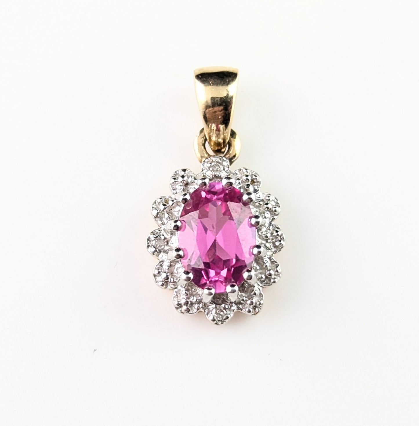 Vintage Synthetic Pink Sapphire and Diamond cluster pendant, 9ct gold