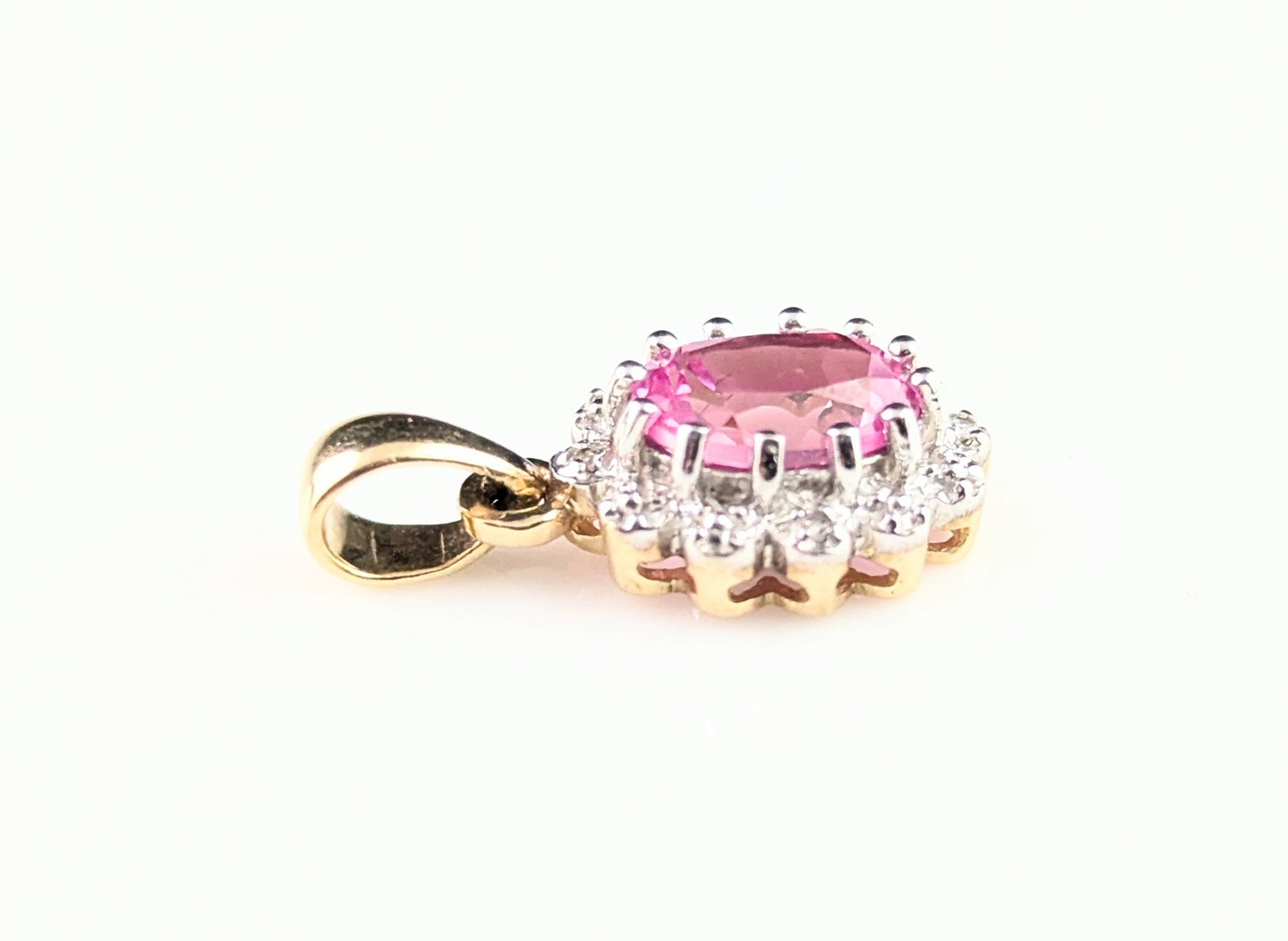 Vintage Synthetic Pink Sapphire and Diamond cluster pendant, 9ct gold