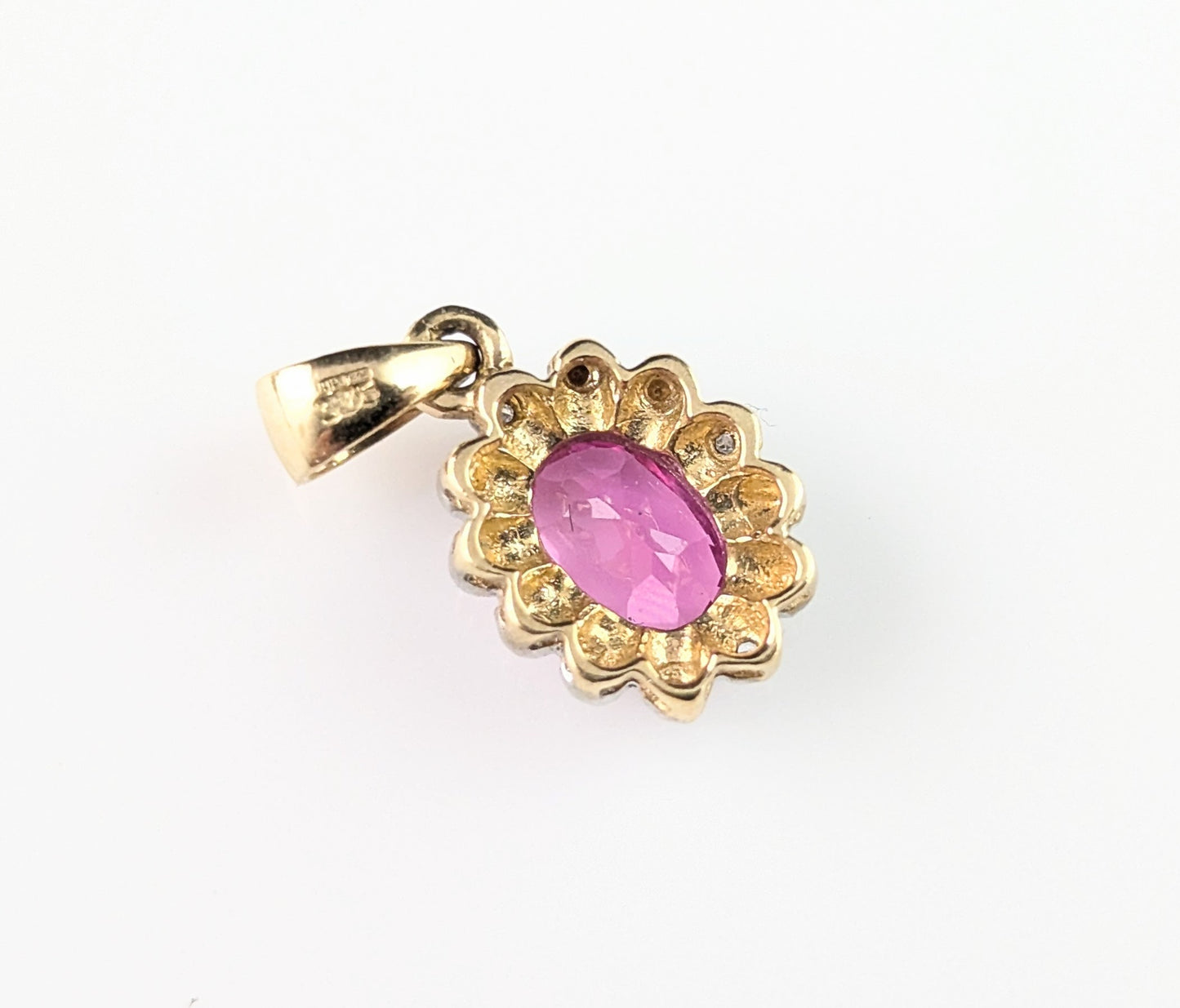 Vintage Synthetic Pink Sapphire and Diamond cluster pendant, 9ct gold