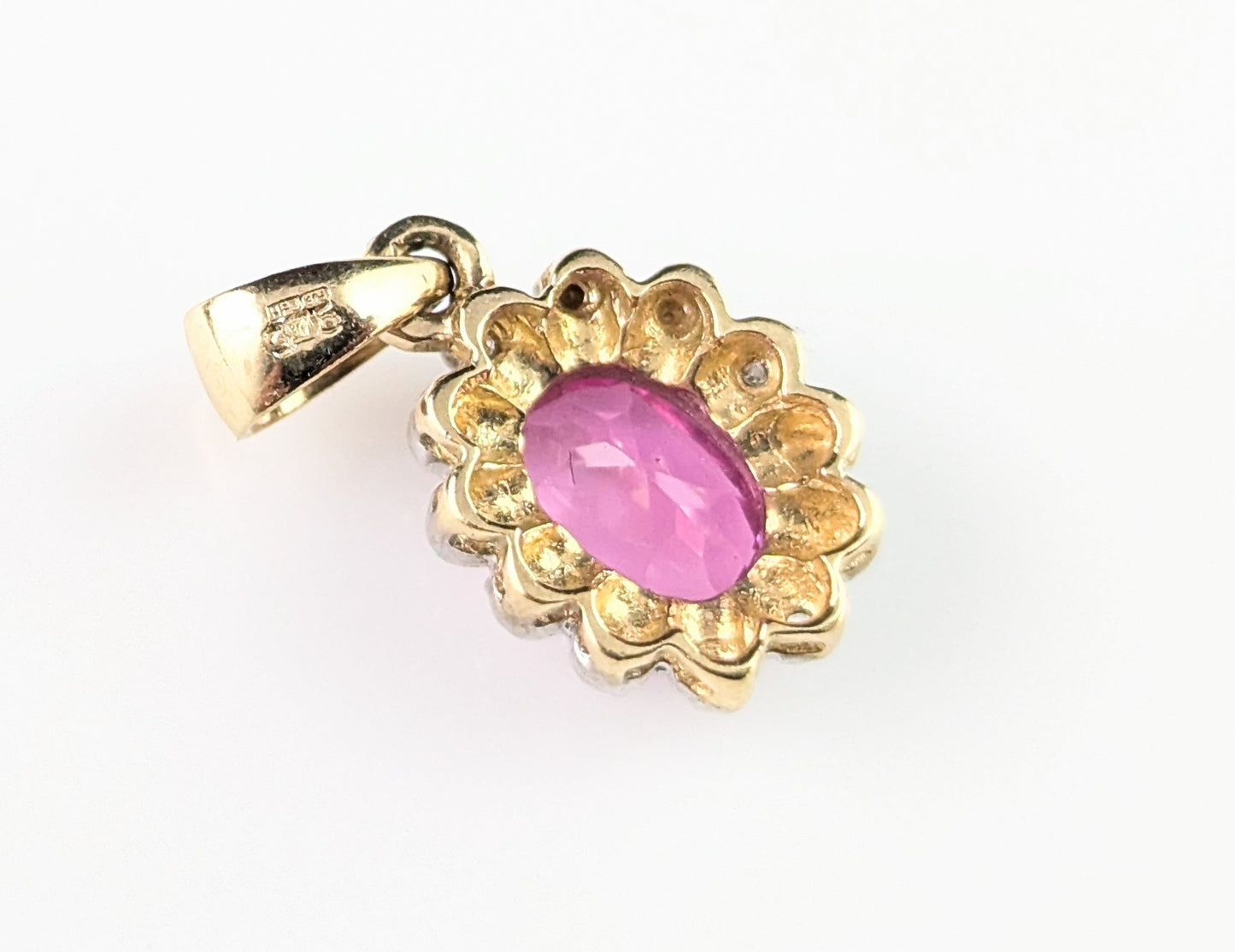 Vintage Synthetic Pink Sapphire and Diamond cluster pendant, 9ct gold