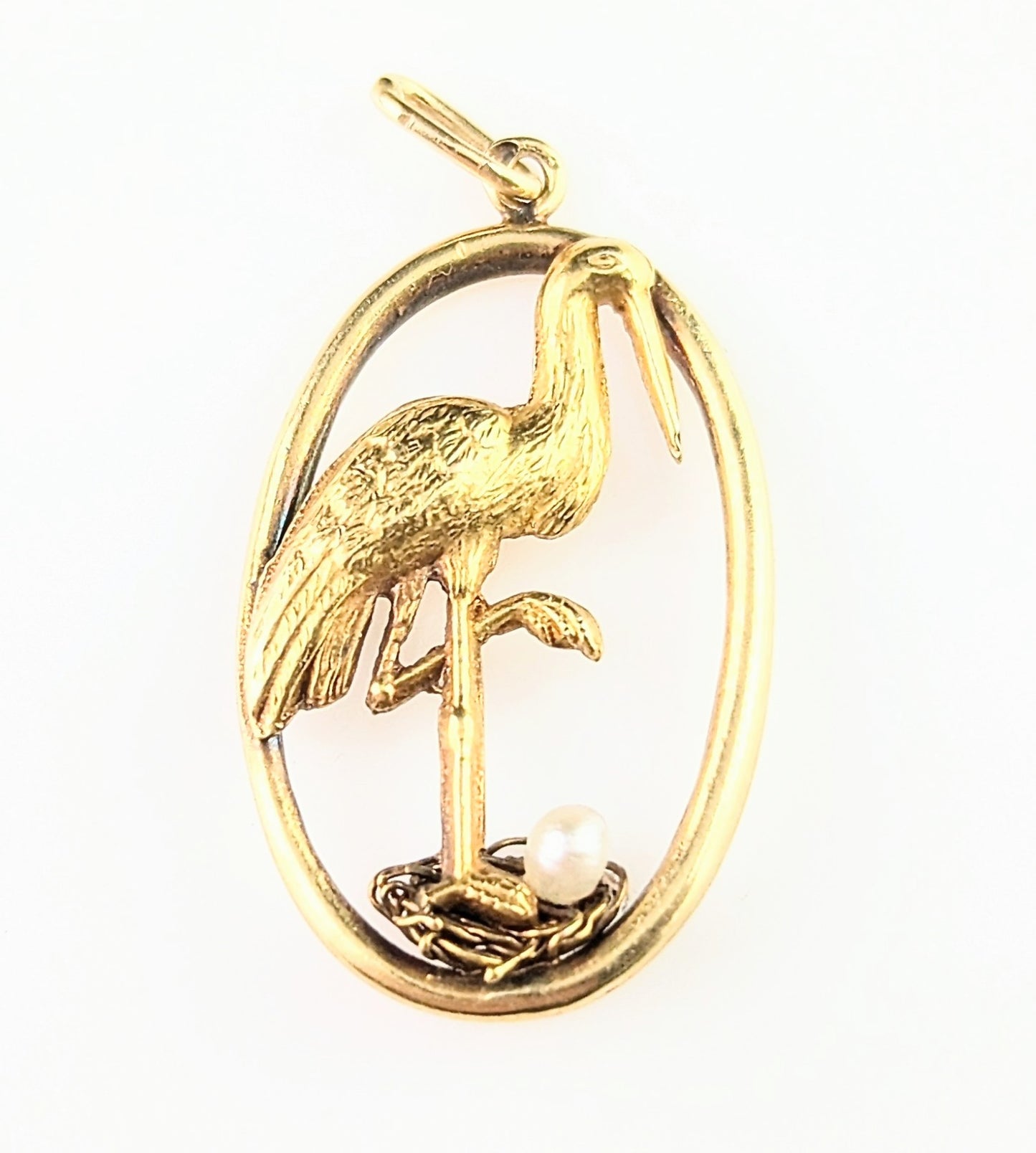 Vintage French 18ct gold stork pendant, Pearl