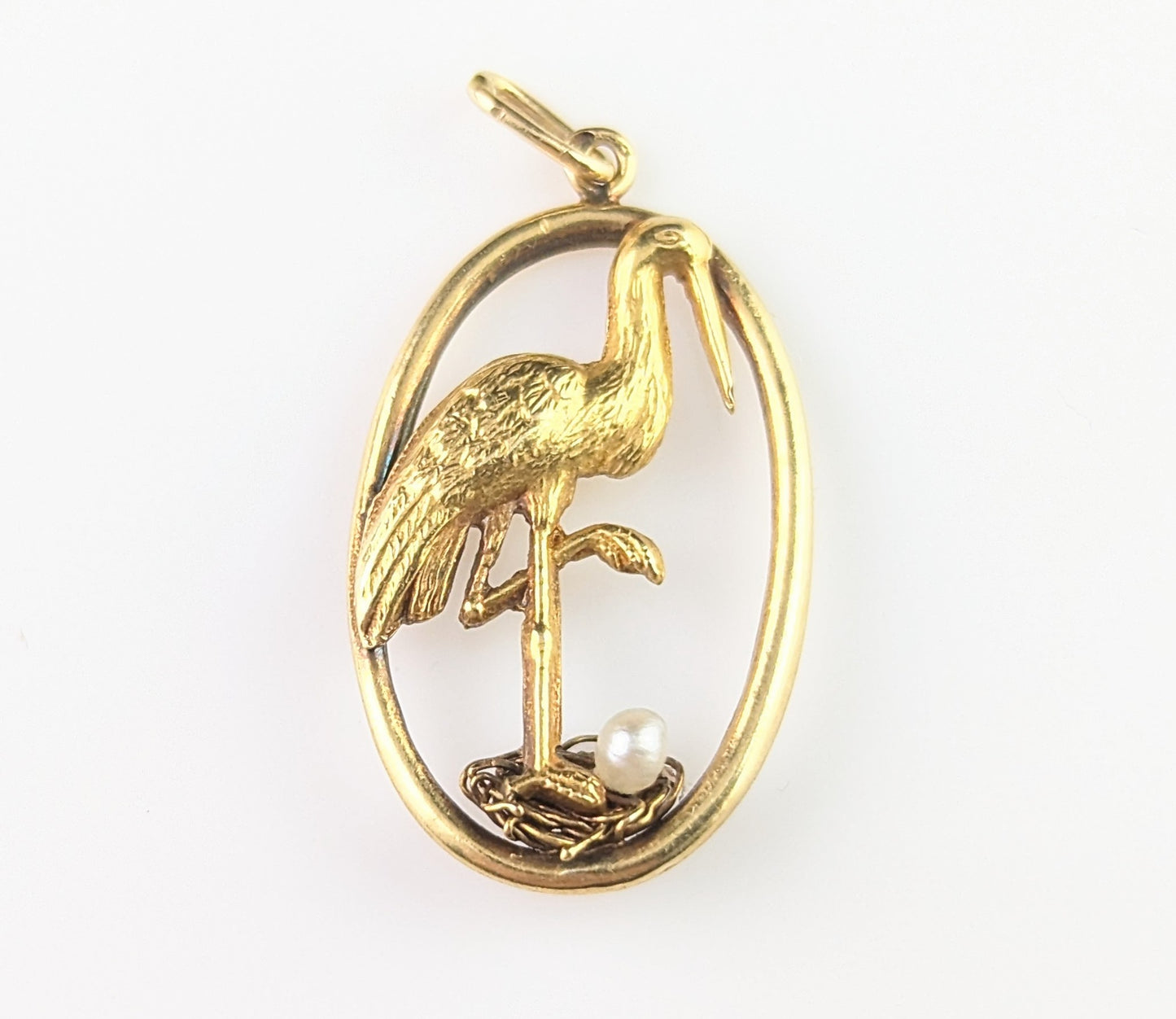 Vintage French 18ct gold stork pendant, Pearl