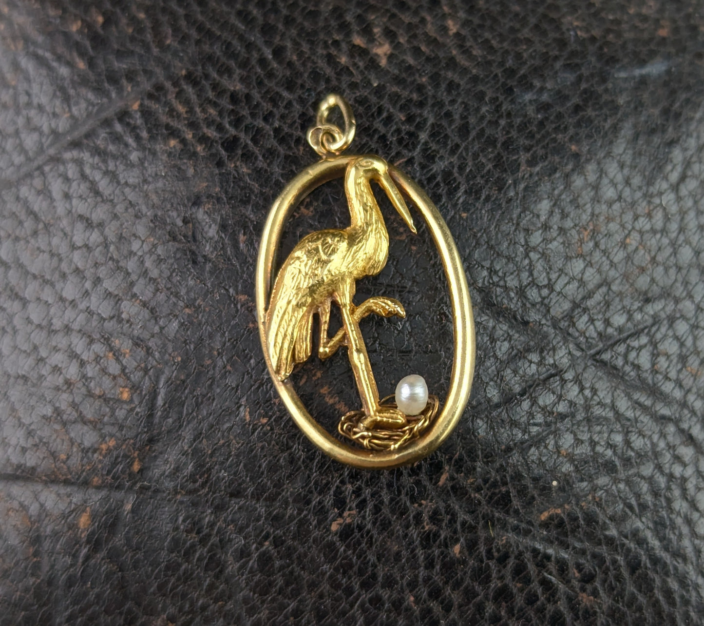 Vintage French 18ct gold stork pendant, Pearl