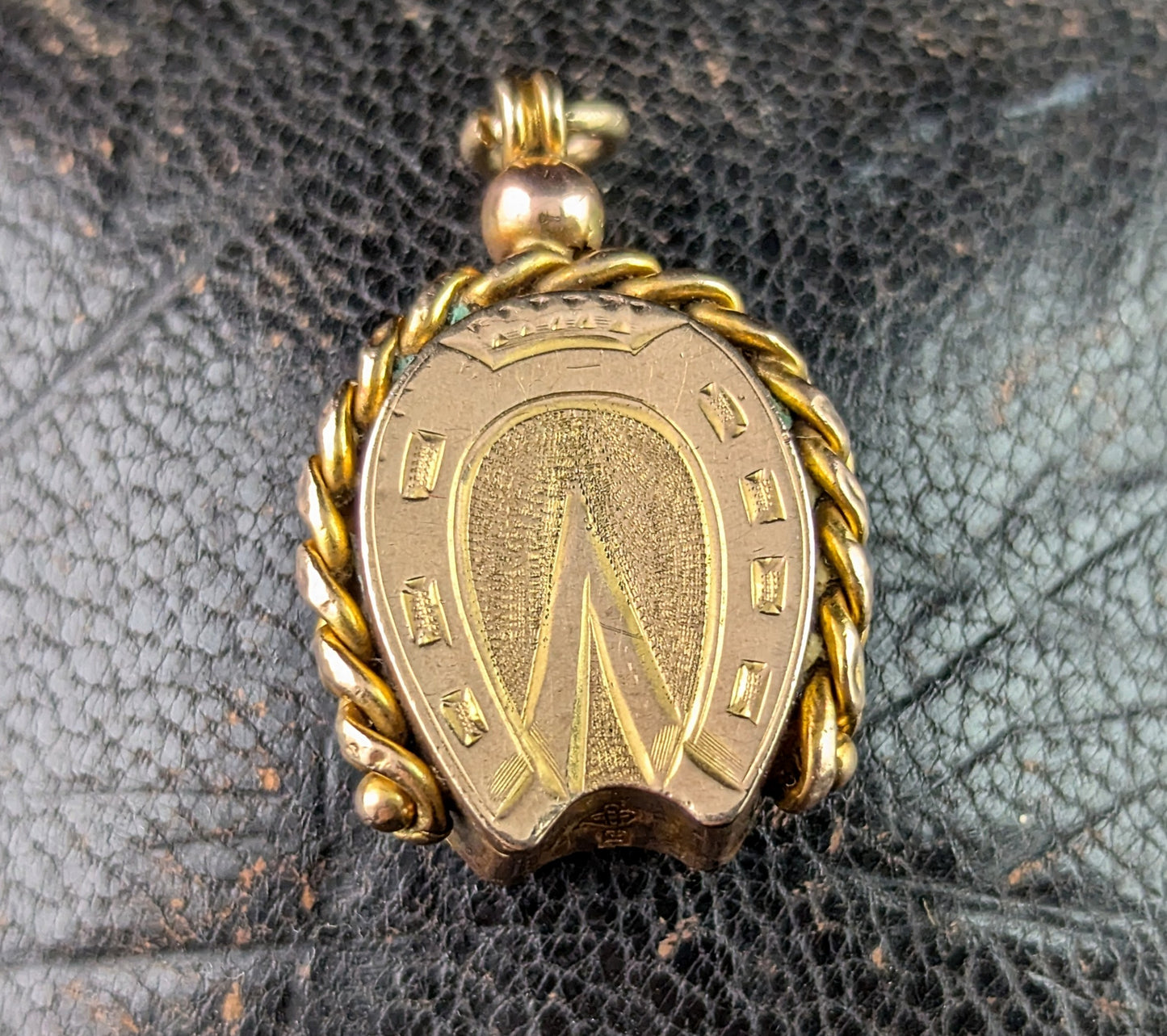 Antique 9ct gold Lucky Horseshoe seal fob pendant, Bloodstone