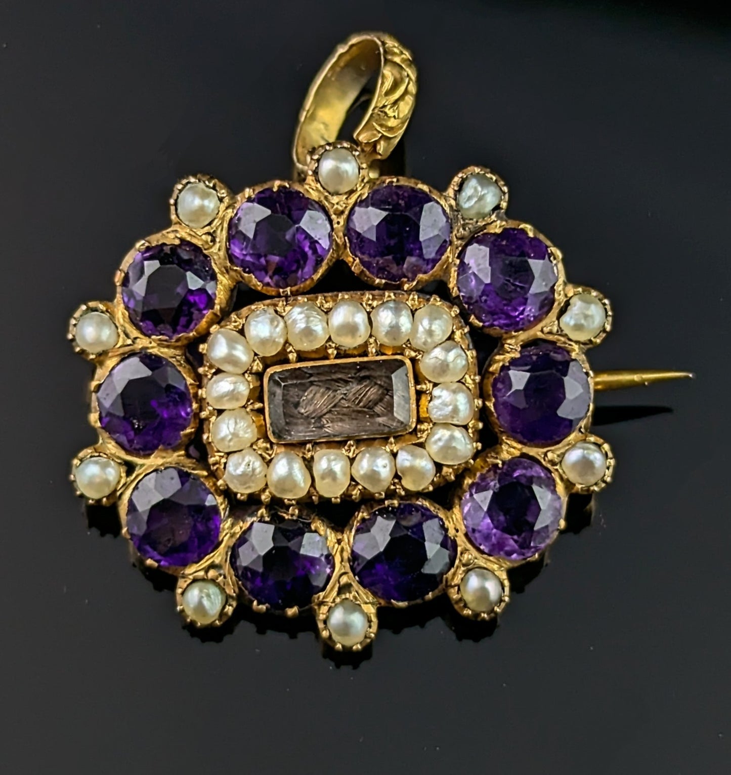 Antique Georgian mourning pendant brooch, 18ct gold, Amethyst and Pearl