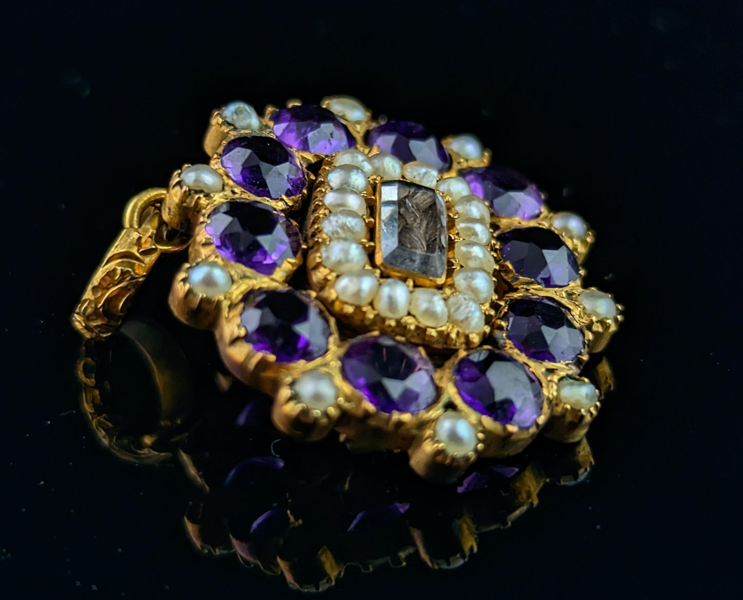 Antique Georgian mourning pendant brooch, 18ct gold, Amethyst and Pearl