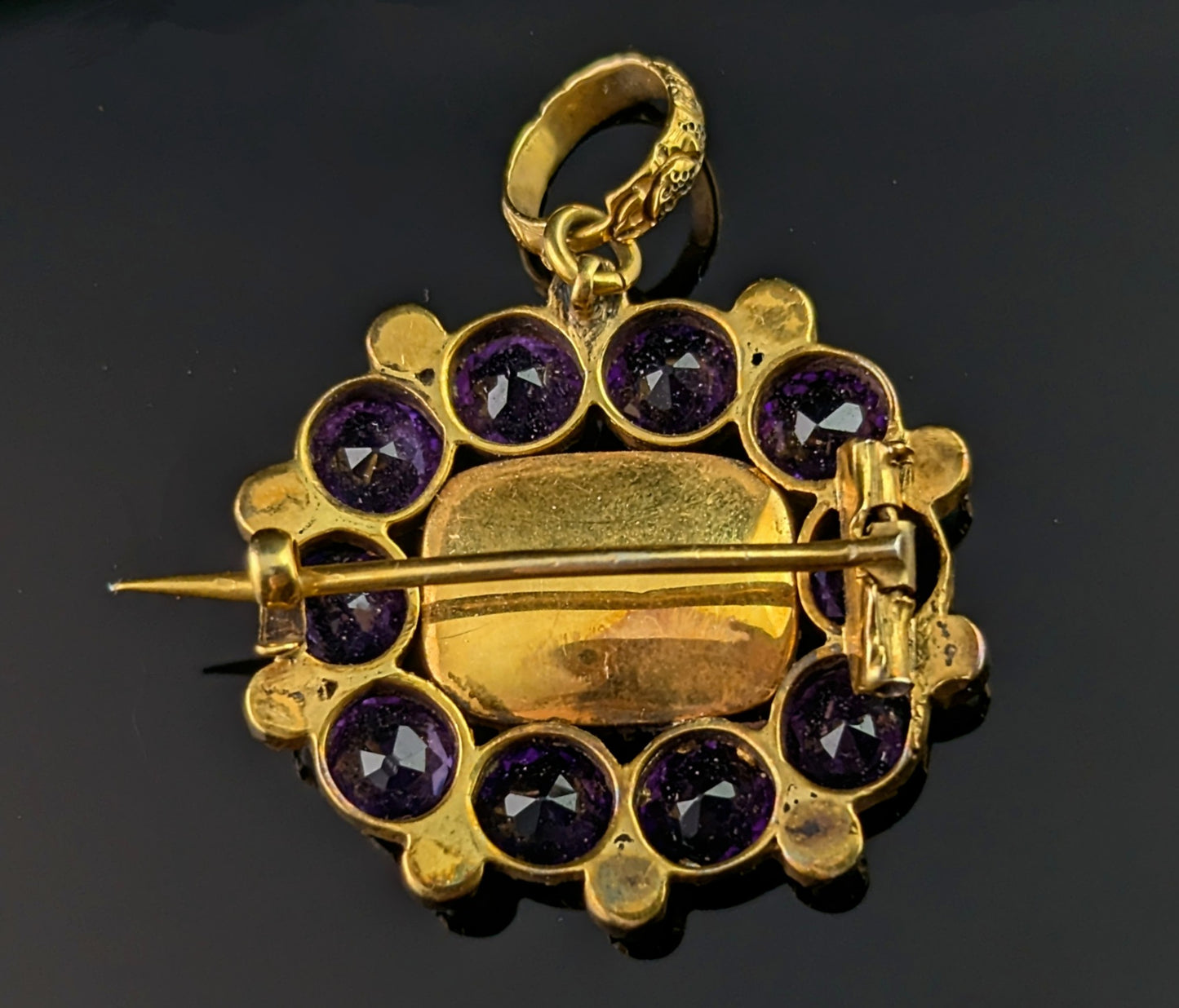 Antique Georgian mourning pendant brooch, 18ct gold, Amethyst and Pearl