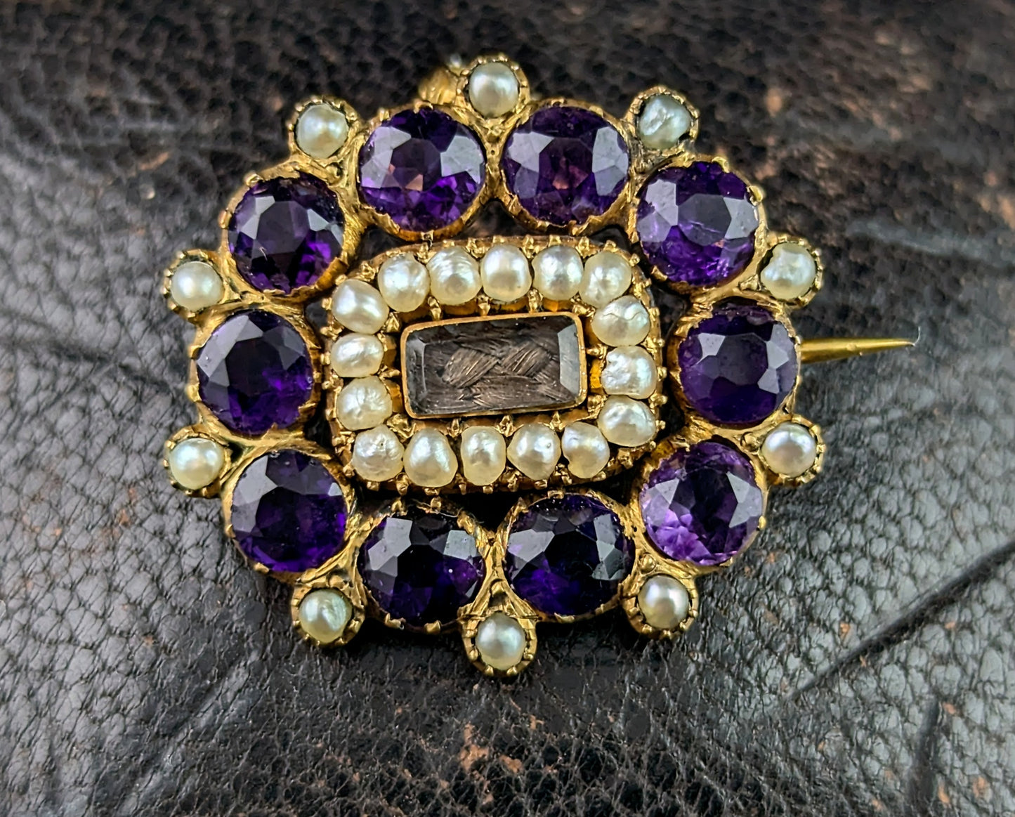 Antique Georgian mourning pendant brooch, 18ct gold, Amethyst and Pearl